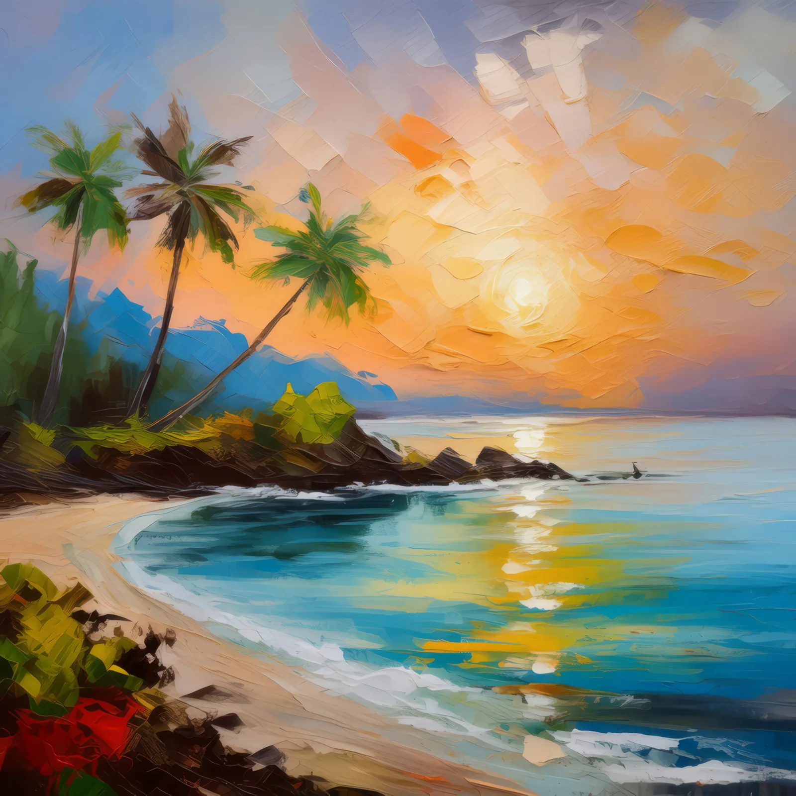 Sunrise Serenity Island, a palette-knife oil landscape by Emma Mickelberg