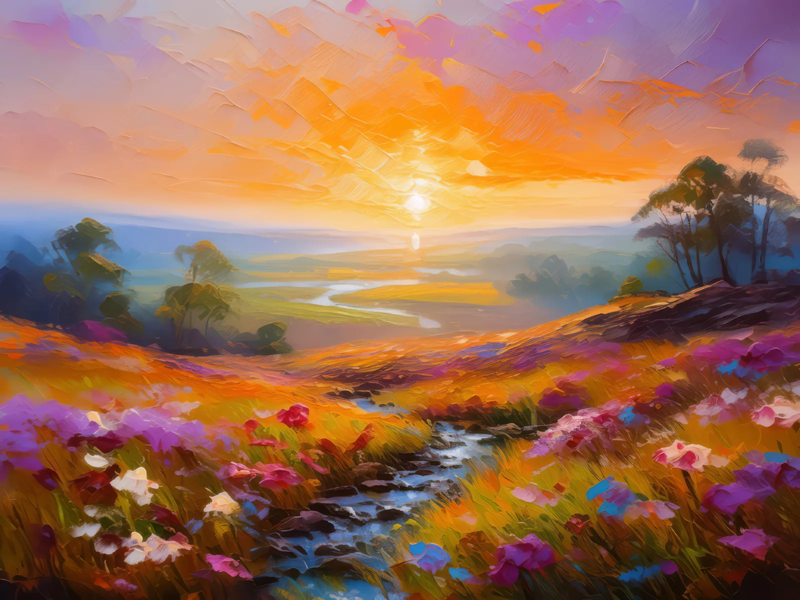 Sunrise Serenity on Moor, a palette-knife oil landscape by Emma Mickelberg