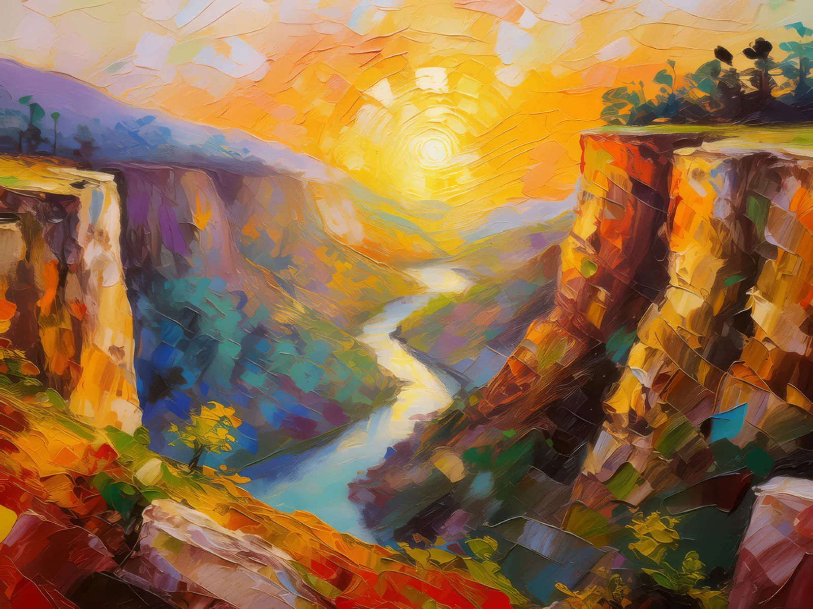 Sunrise Valley Chasm, a palette-knife oil landscape by Emma Mickelberg