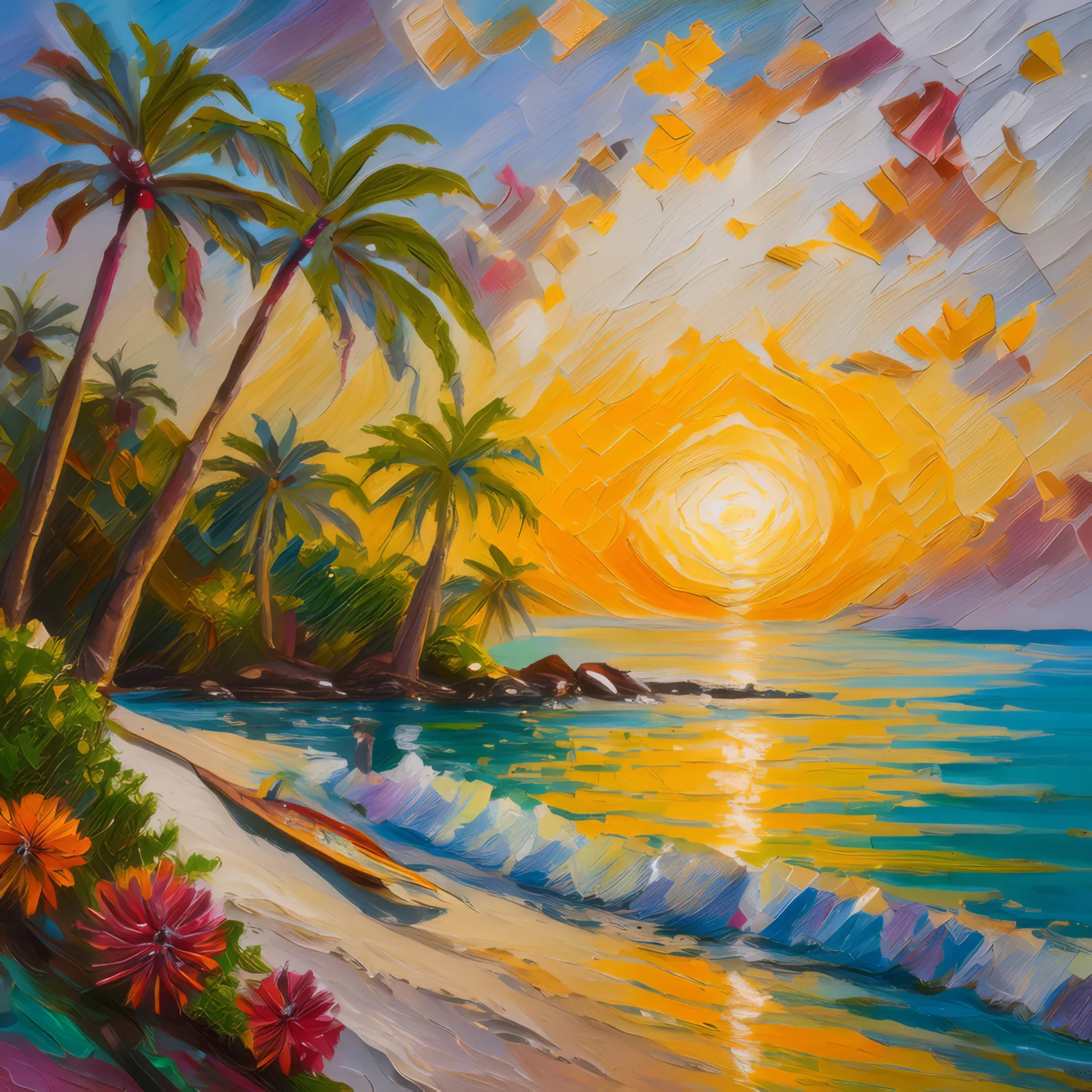 Sunrise Yoga at Atoll, a palette-knife oil landscape by Emma Mickelberg