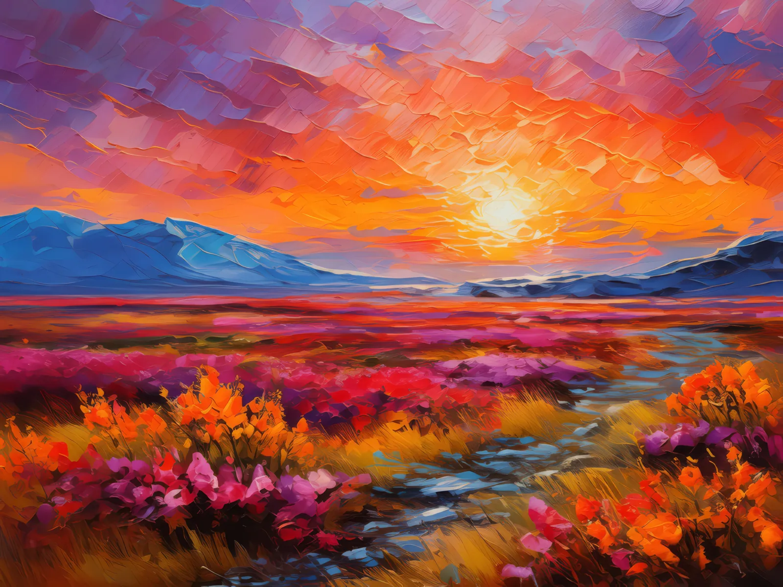 Sunset Across Tundra Flats, a palette-knife oil landscape by Emma Mickelberg