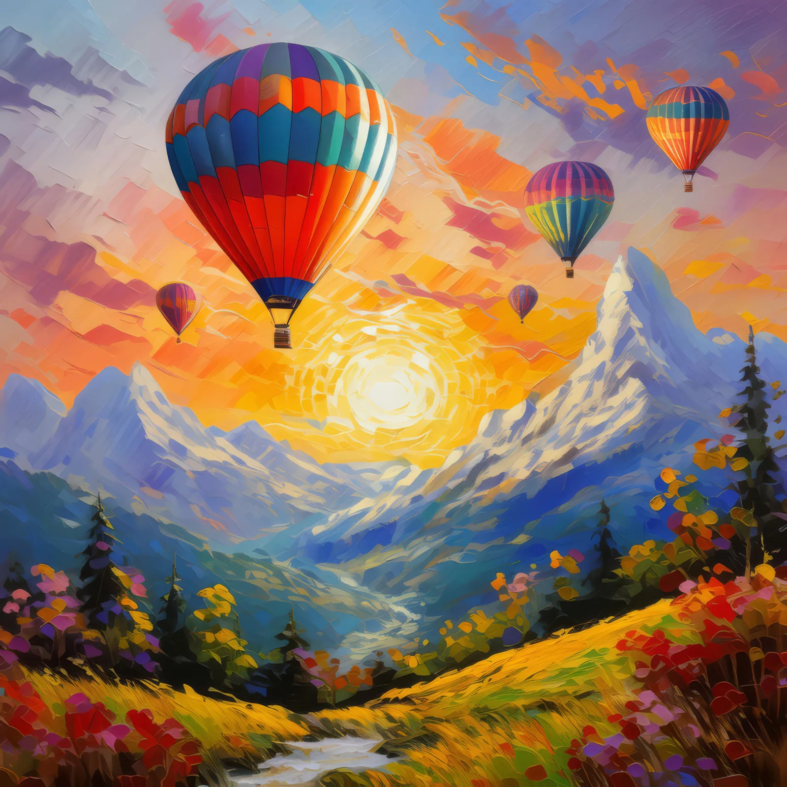 Sunset Alpine Hot Air Balloon, a palette-knife oil landscape by Emma Mickelberg