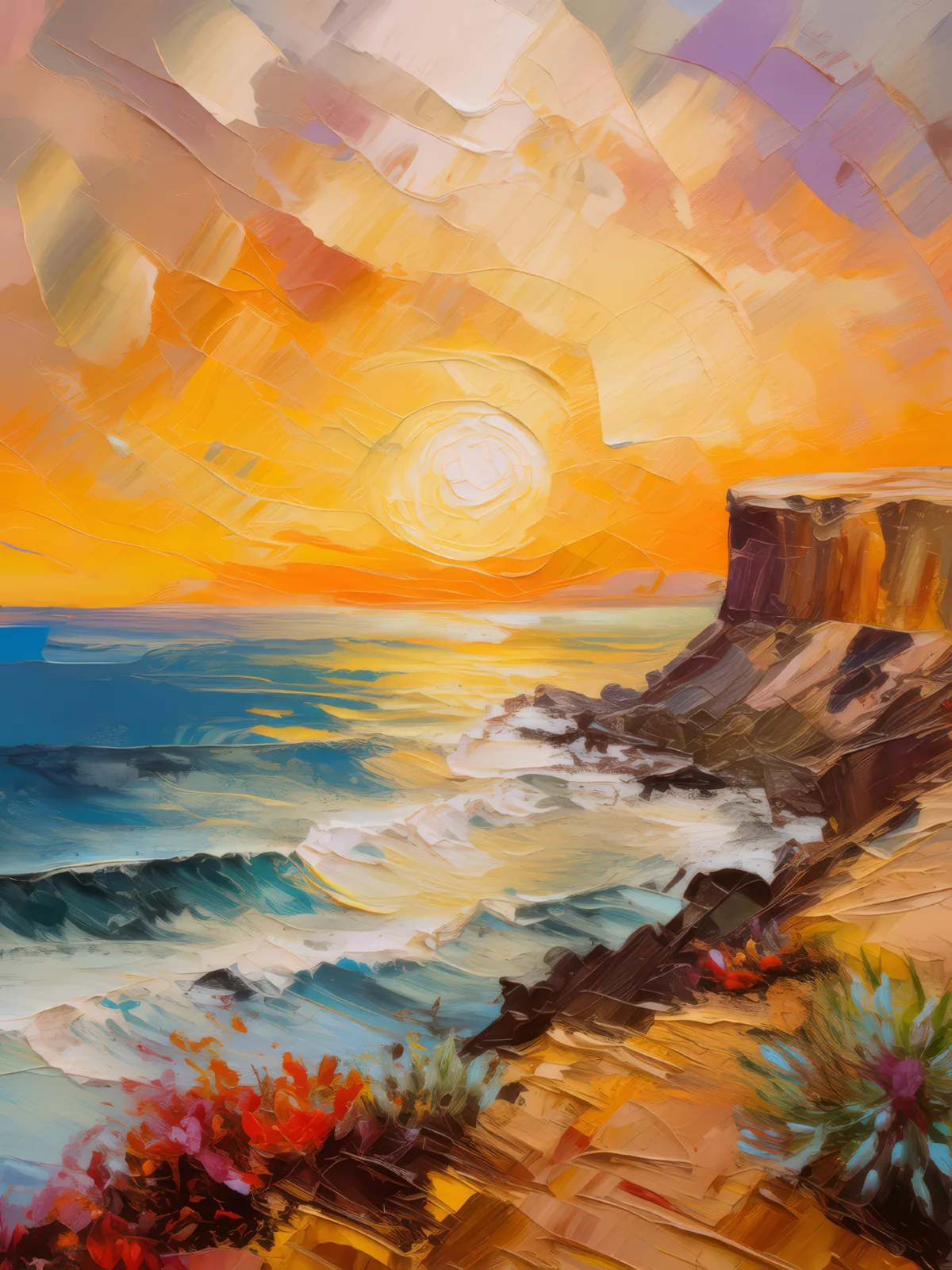 Sunset at Ocean Desert Edge, a palette-knife oil landscape by Emma Mickelberg