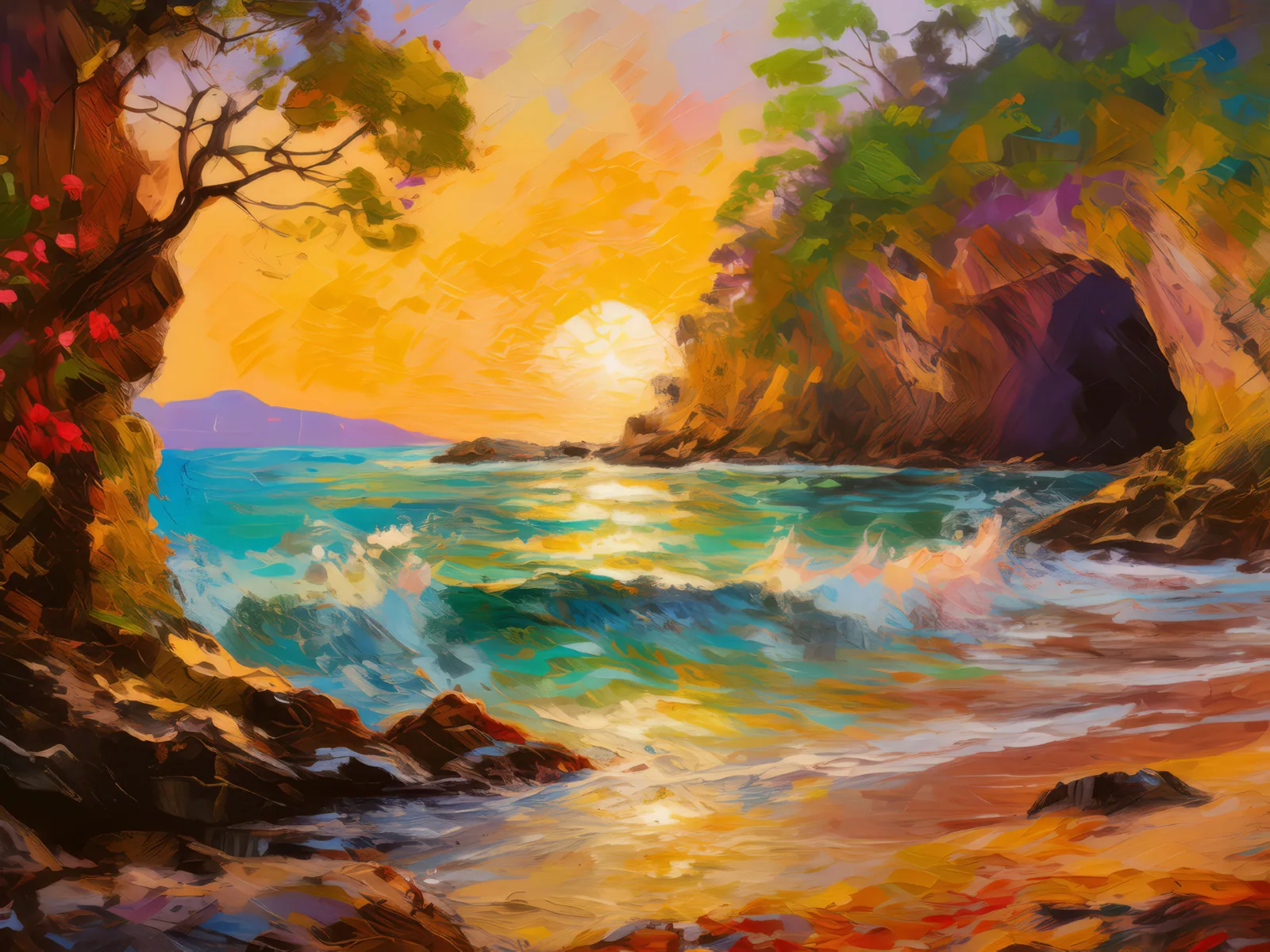 Sunset Beach Grotto, a palette-knife oil landscape by Emma Mickelberg