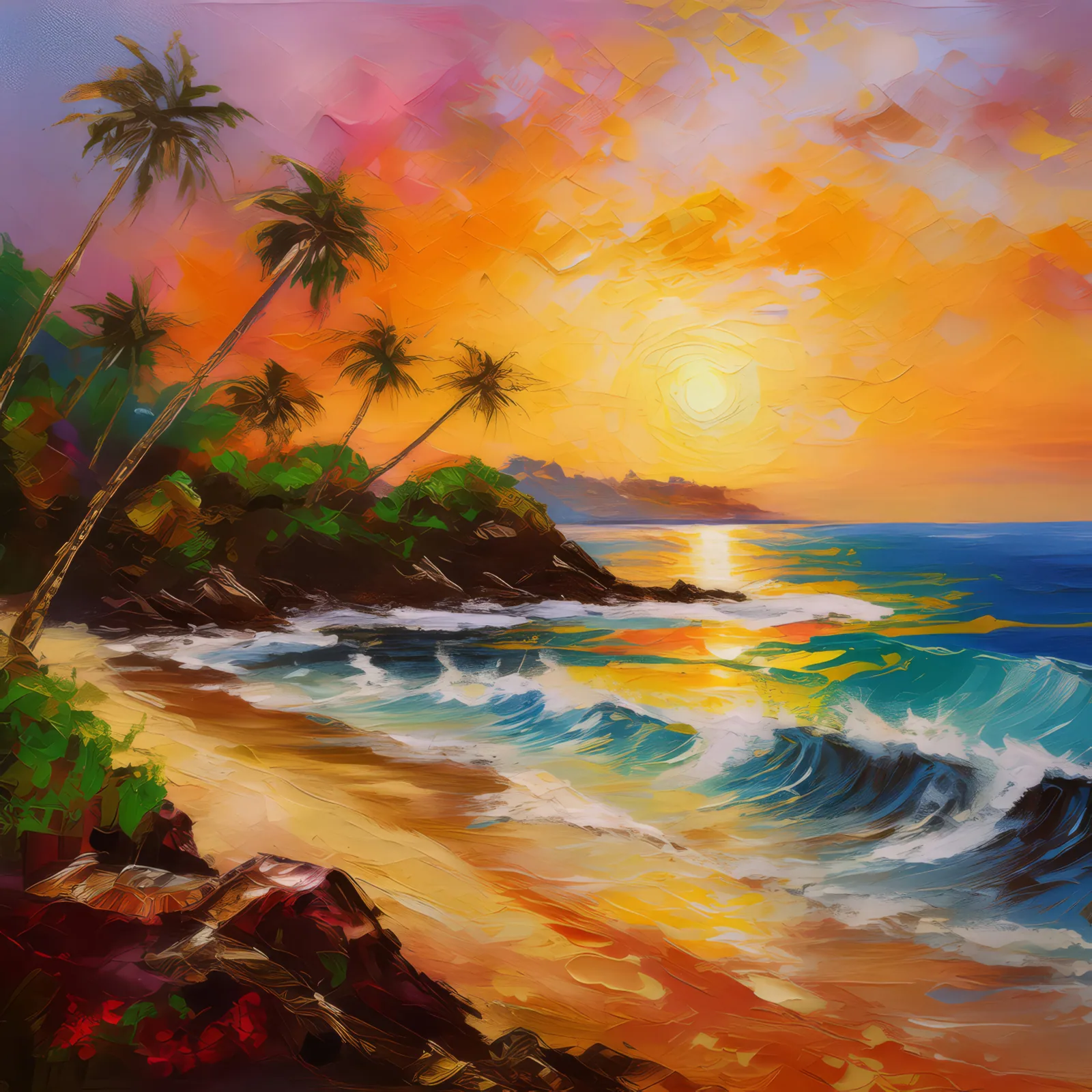 Sunset Beach Island, a palette-knife oil landscape by Emma Mickelberg