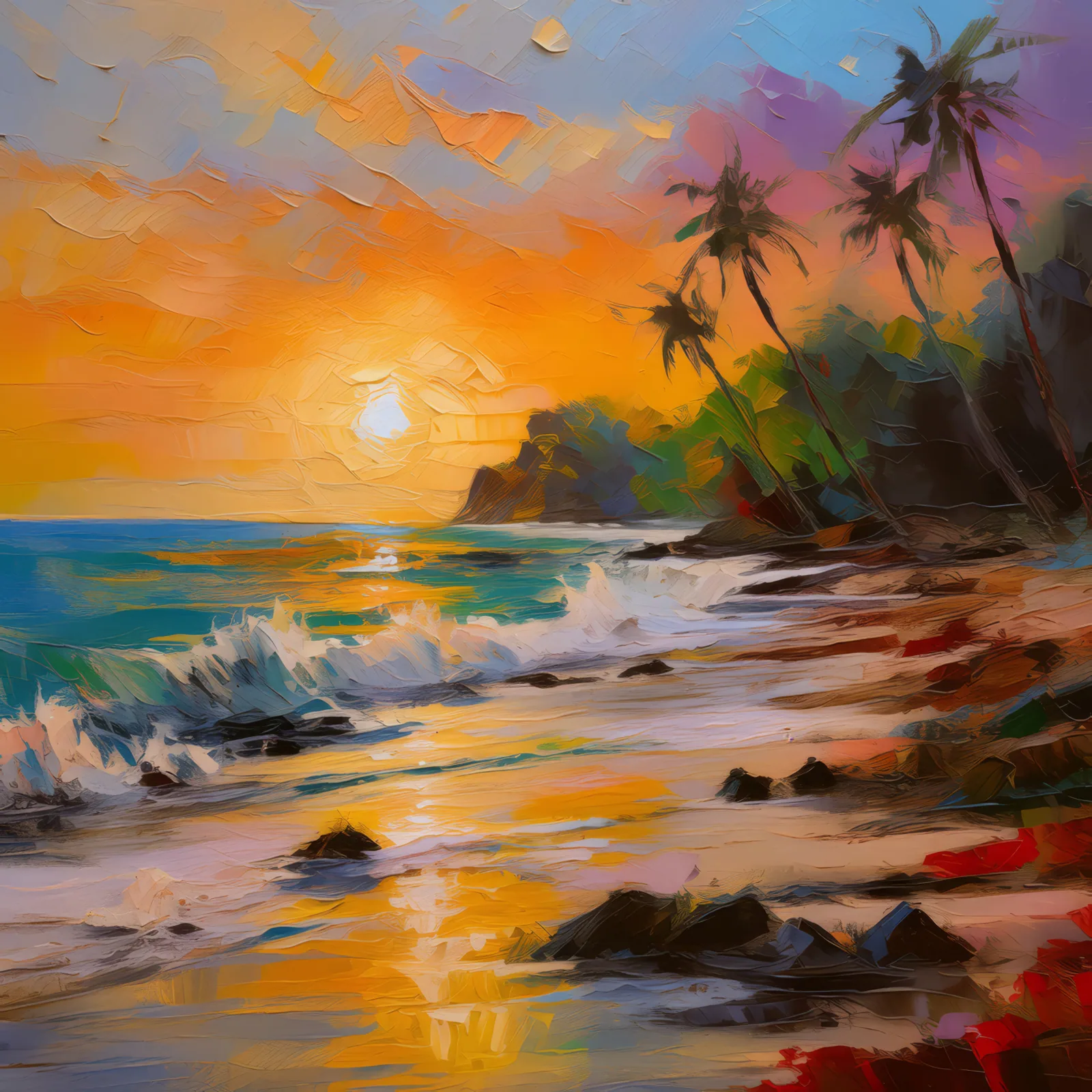 Sunset Beach Walk, a palette-knife oil landscape by Emma Mickelberg