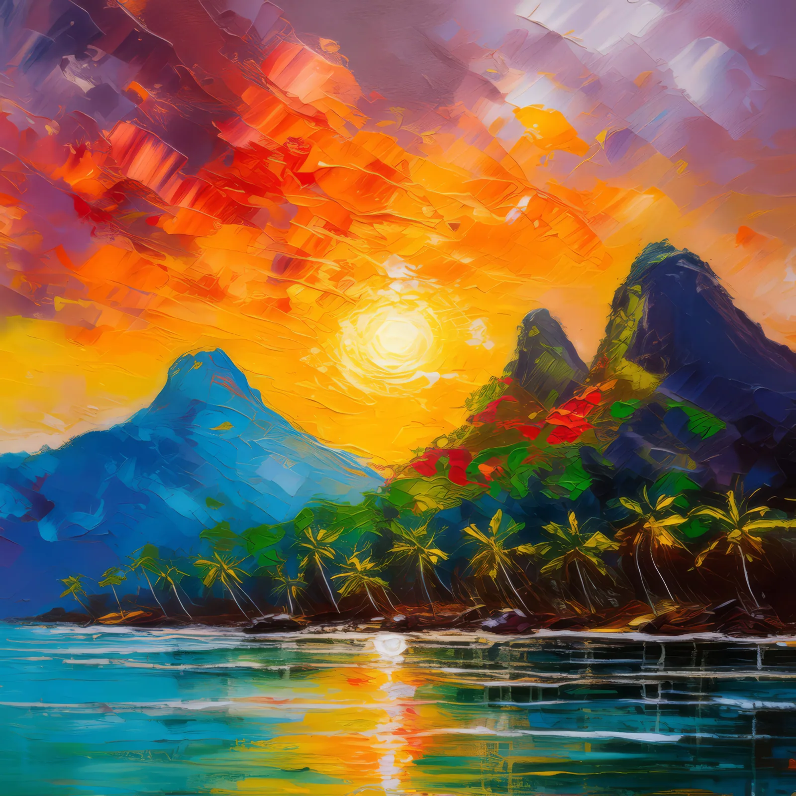 Sunset Behind Tropical Peaks, a palette-knife oil landscape by Emma Mickelberg