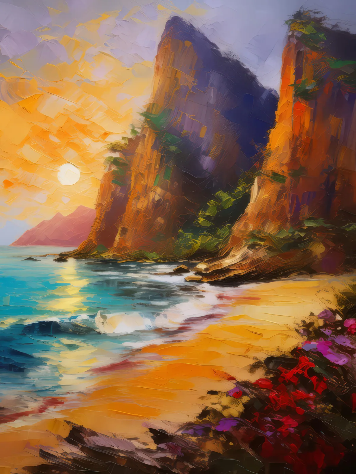 Sunset Cliffside Island, a palette-knife oil landscape by Emma Mickelberg