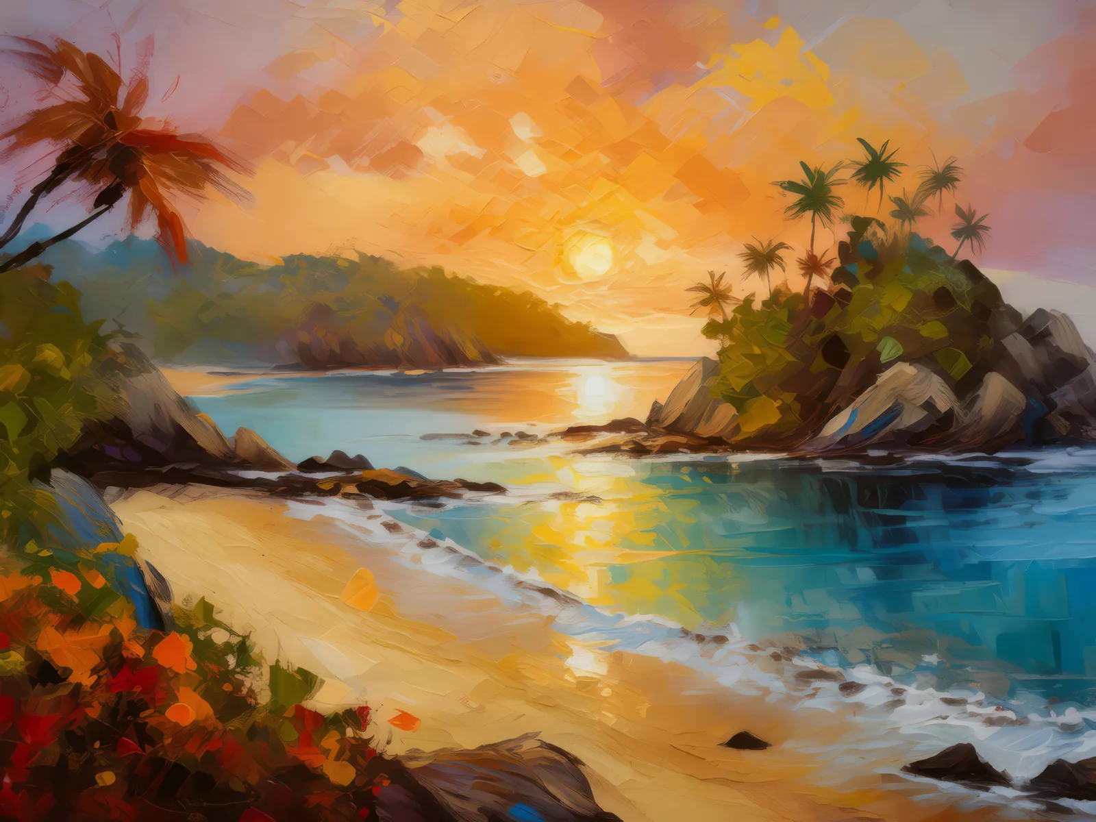Sunset Cove Island, a palette-knife oil landscape by Emma Mickelberg