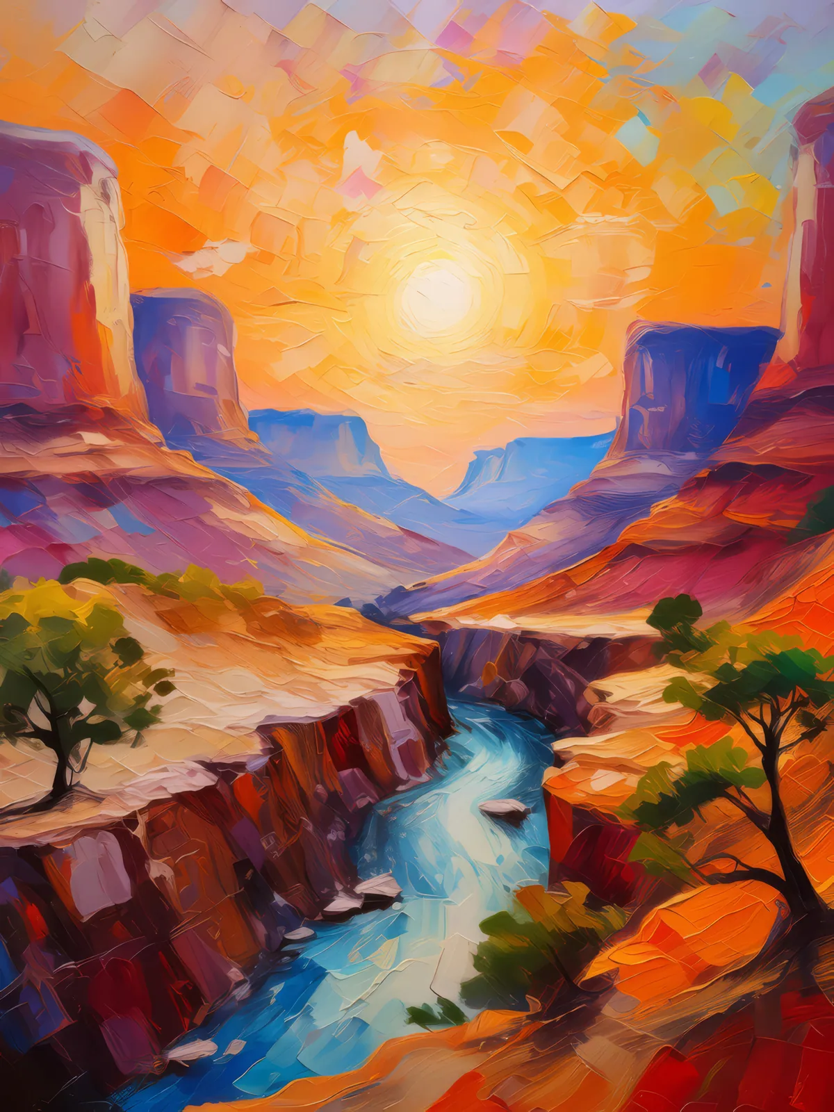 Sunset Desert Chasm, a palette-knife oil landscape by Emma Mickelberg