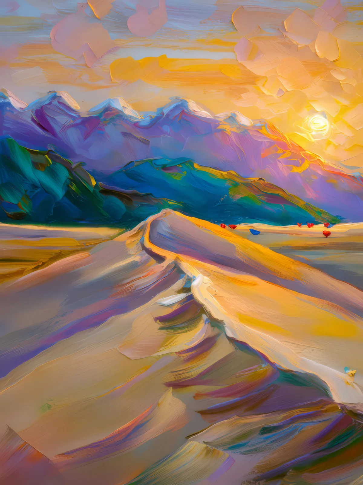 Sunset Dunes in Alpine Desert, a palette-knife oil landscape by Emma Mickelberg