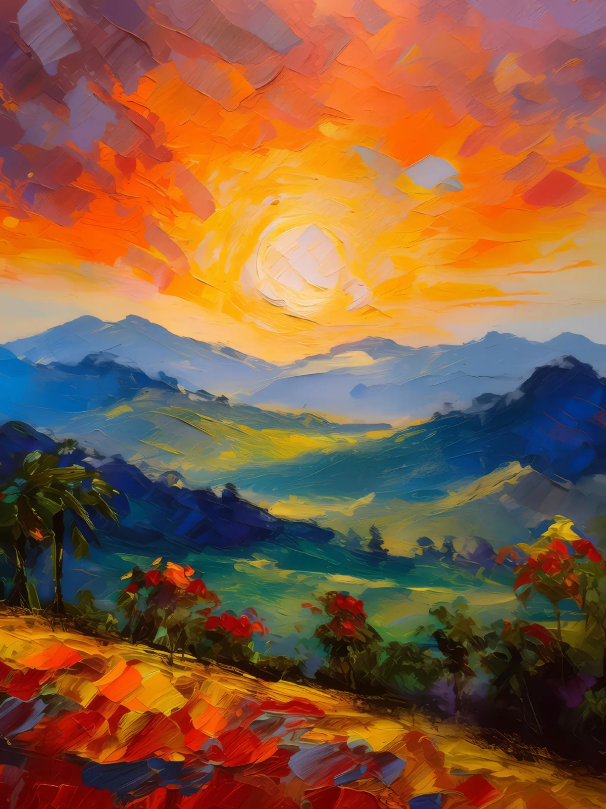 Sunset Fire on Mountain Slopes, a palette-knife oil landscape by Emma Mickelberg