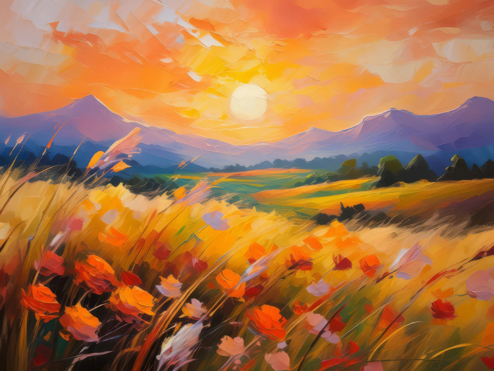 Sunset Glow on Grassland, a palette-knife oil landscape by Emma Mickelberg