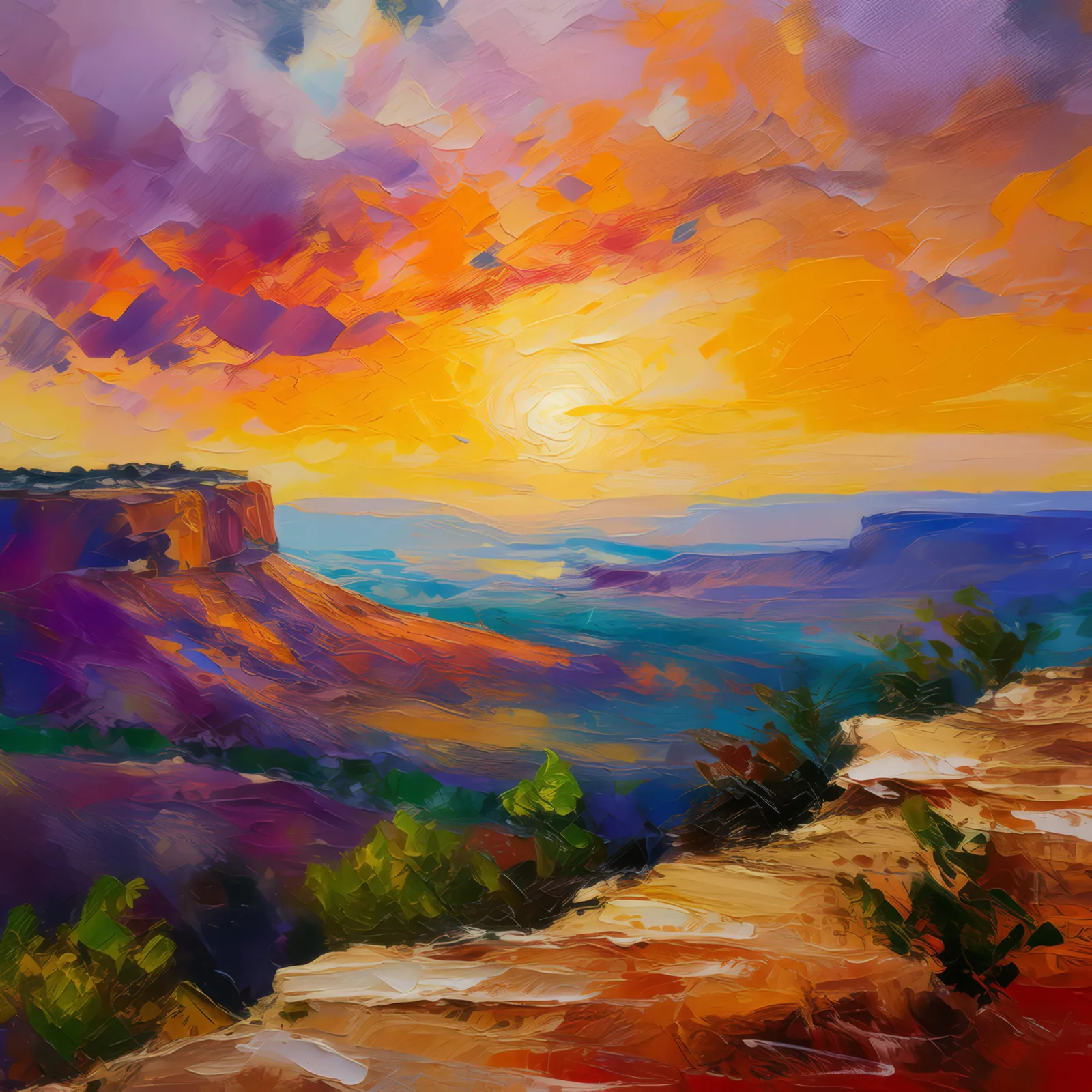 Sunset Glow on Mesa, a palette-knife oil landscape by Emma Mickelberg