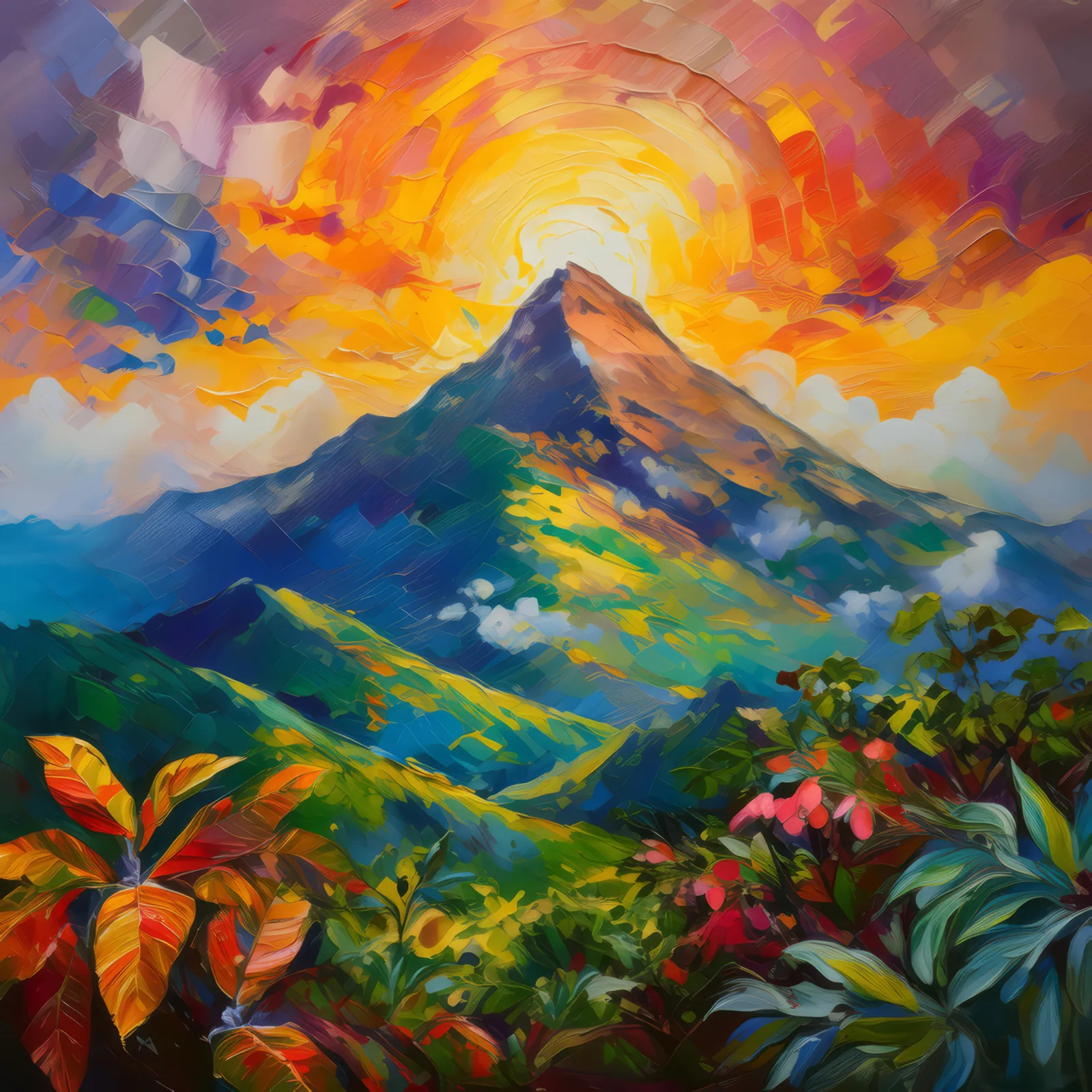 Sunset Hues on Tropical Peaks, a palette-knife oil landscape by Emma Mickelberg