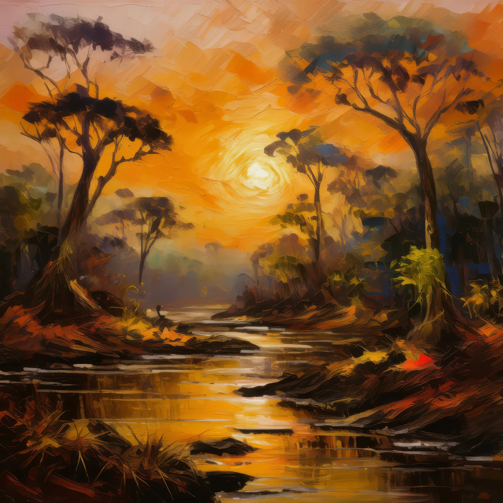 Sunset in Dry Forest, a palette-knife oil landscape by Emma Mickelberg