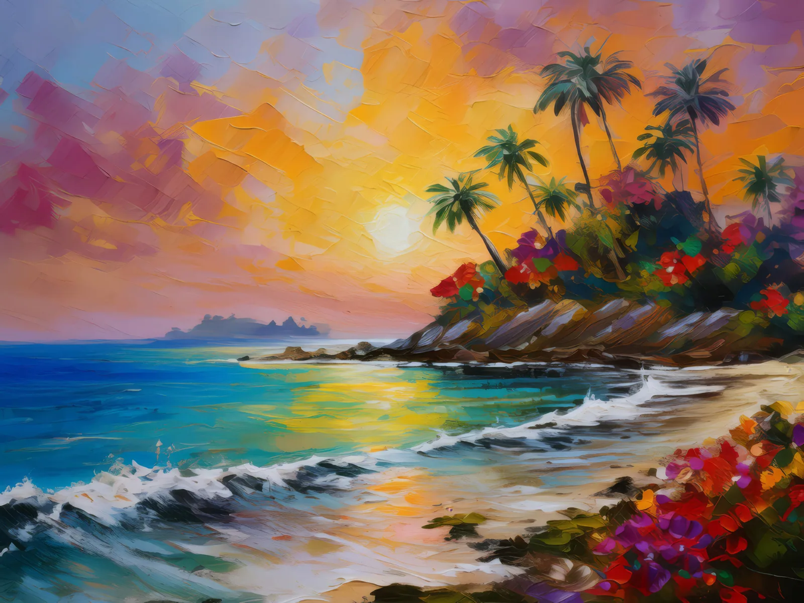 Sunset Island Retreat, a palette-knife oil landscape by Emma Mickelberg