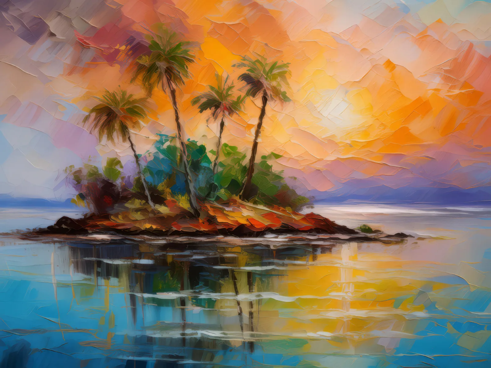 Sunset Lagoon Island, a palette-knife oil landscape by Emma Mickelberg