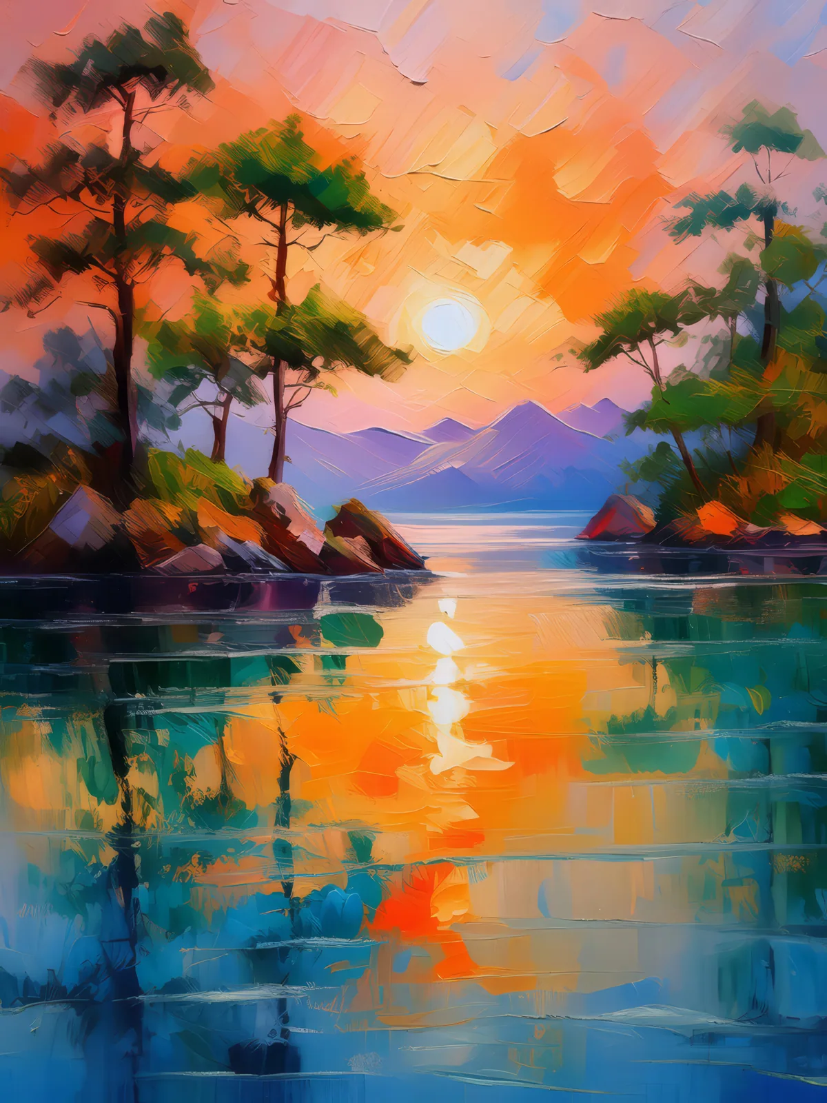 Sunset Lagoon Reflection, a palette-knife oil landscape by Emma Mickelberg