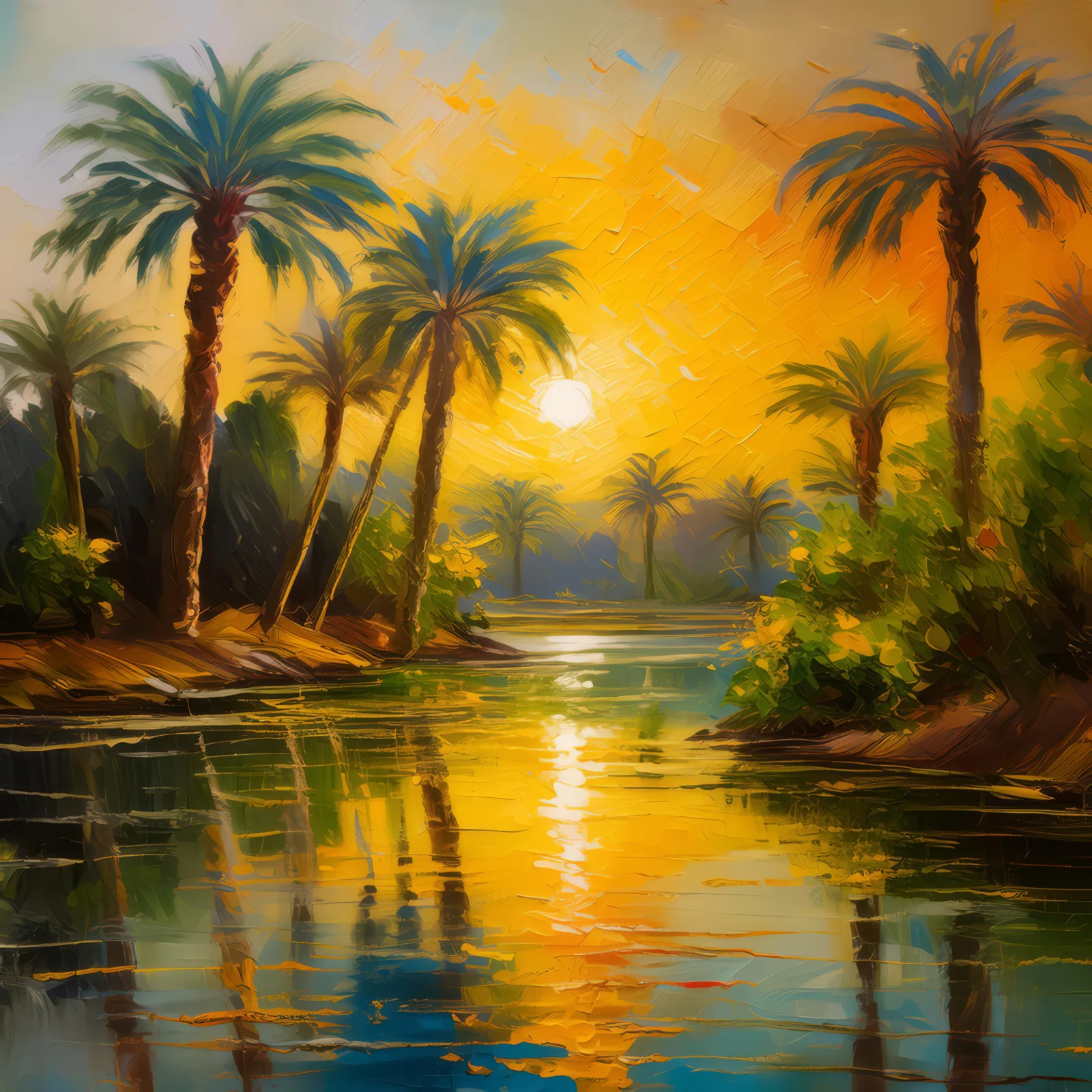 Sunset Oasis Glow, a palette-knife oil landscape by Emma Mickelberg