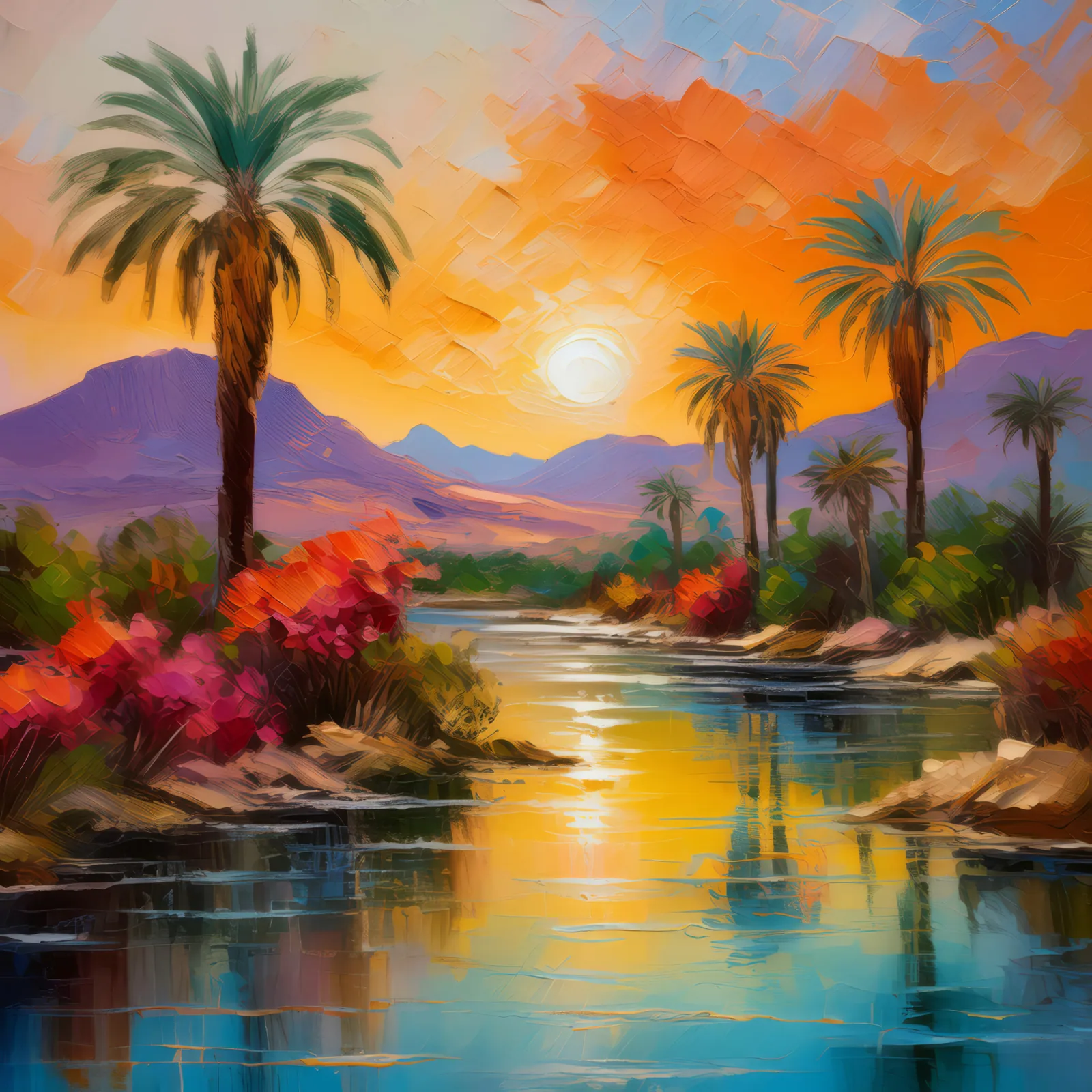 Sunset Oasis Scene, a palette-knife oil landscape by Emma Mickelberg