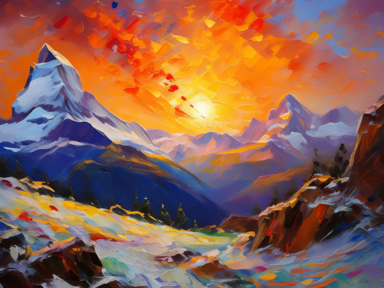 Sunset on Alpine Peaks, a palette-knife oil landscape by Emma Mickelberg