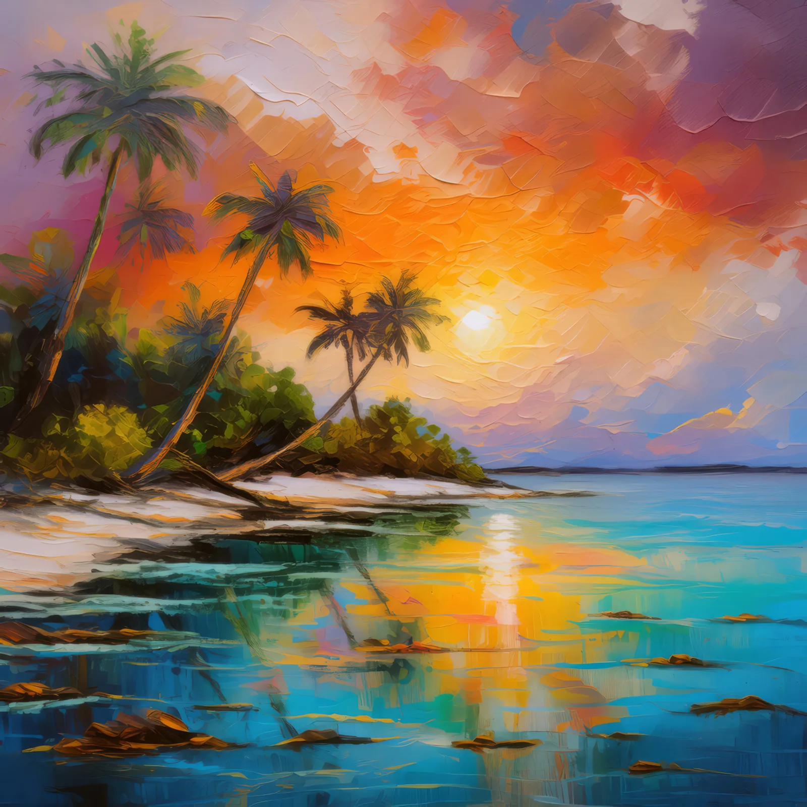 Sunset on Atoll Beach, a palette-knife oil landscape by Emma Mickelberg