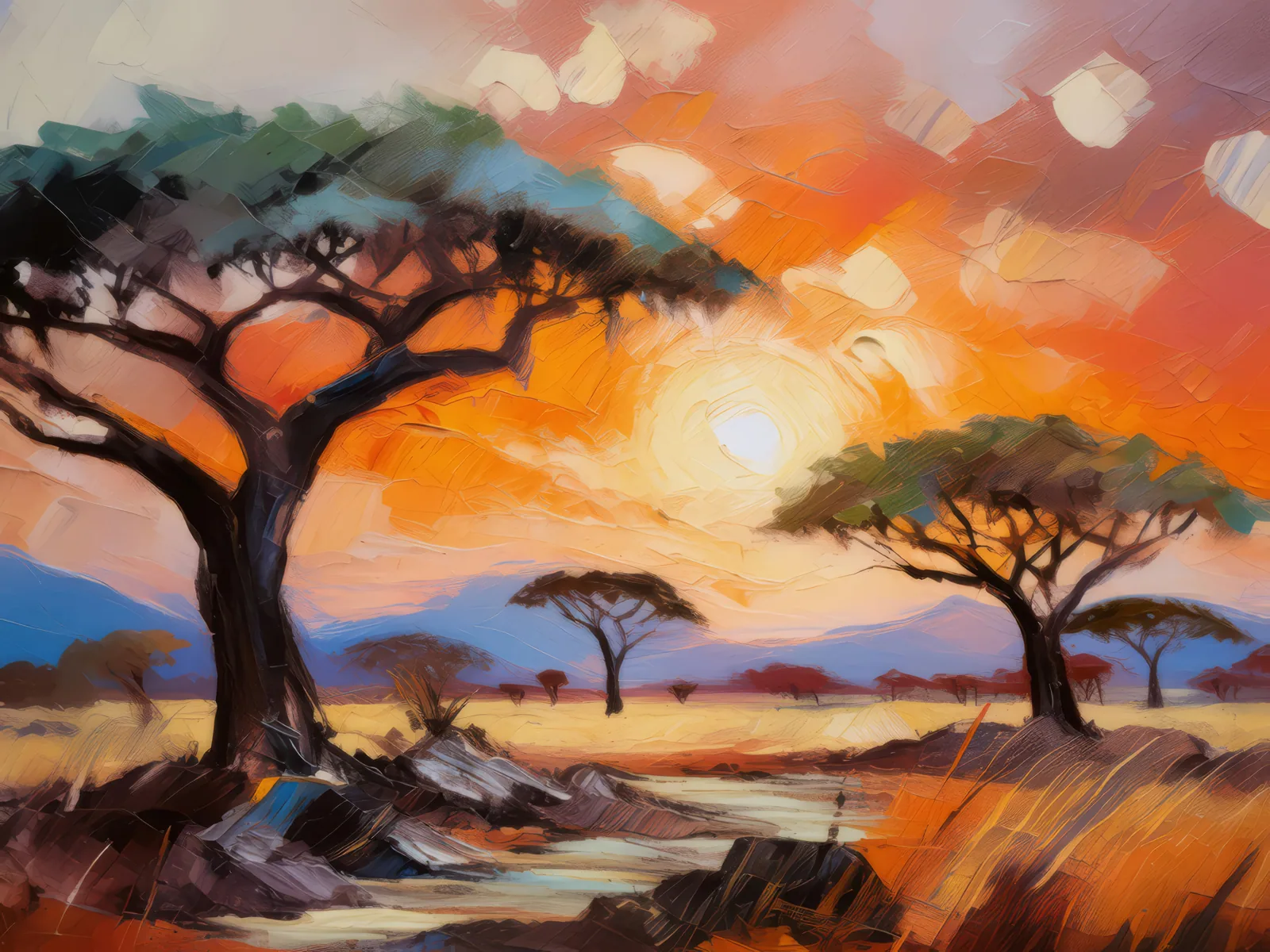 Sunset on the Savannah, a palette-knife oil landscape by Emma Mickelberg