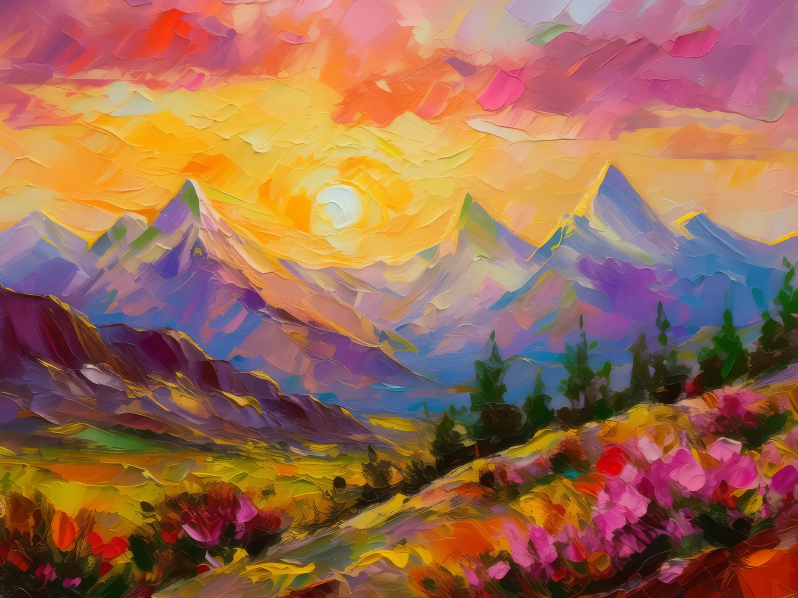Sunset Over Alpine Peaks, a palette-knife oil landscape by Emma Mickelberg
