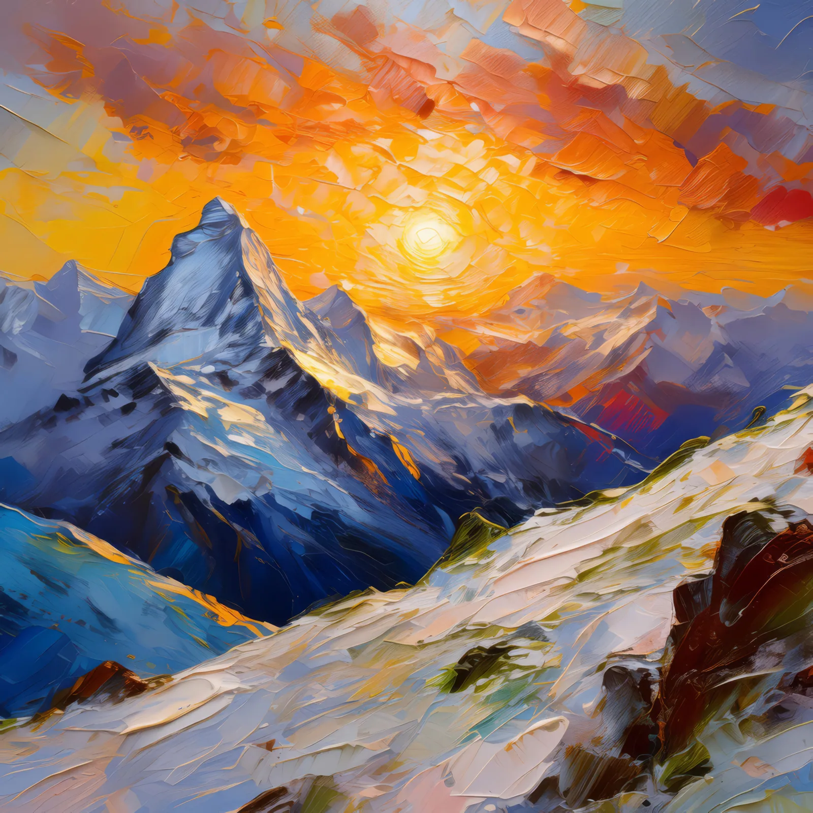 Sunset Over Alpine Ridge, a palette-knife oil landscape by Emma Mickelberg