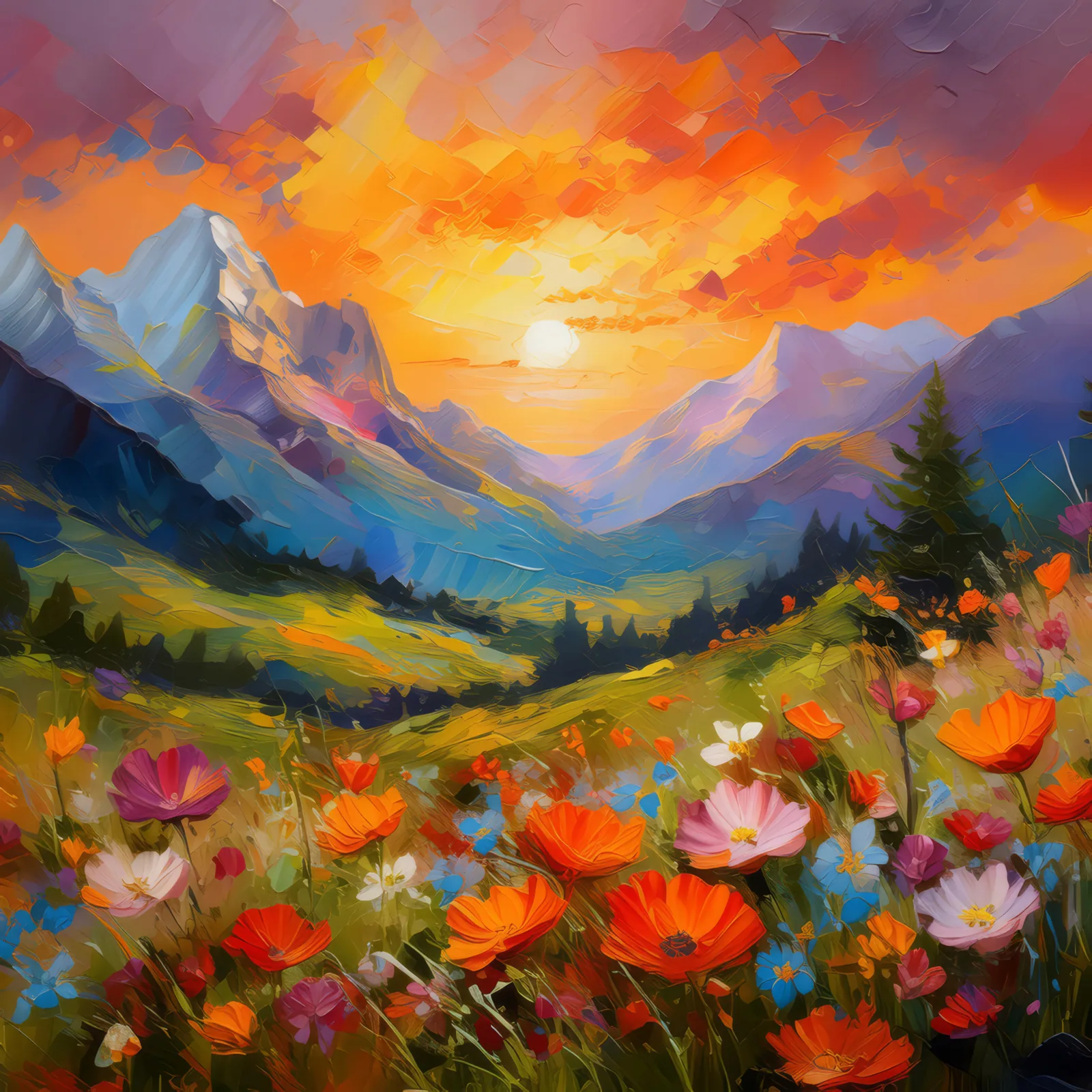 Sunset Over Alpine Valley, a palette-knife oil landscape by Emma Mickelberg