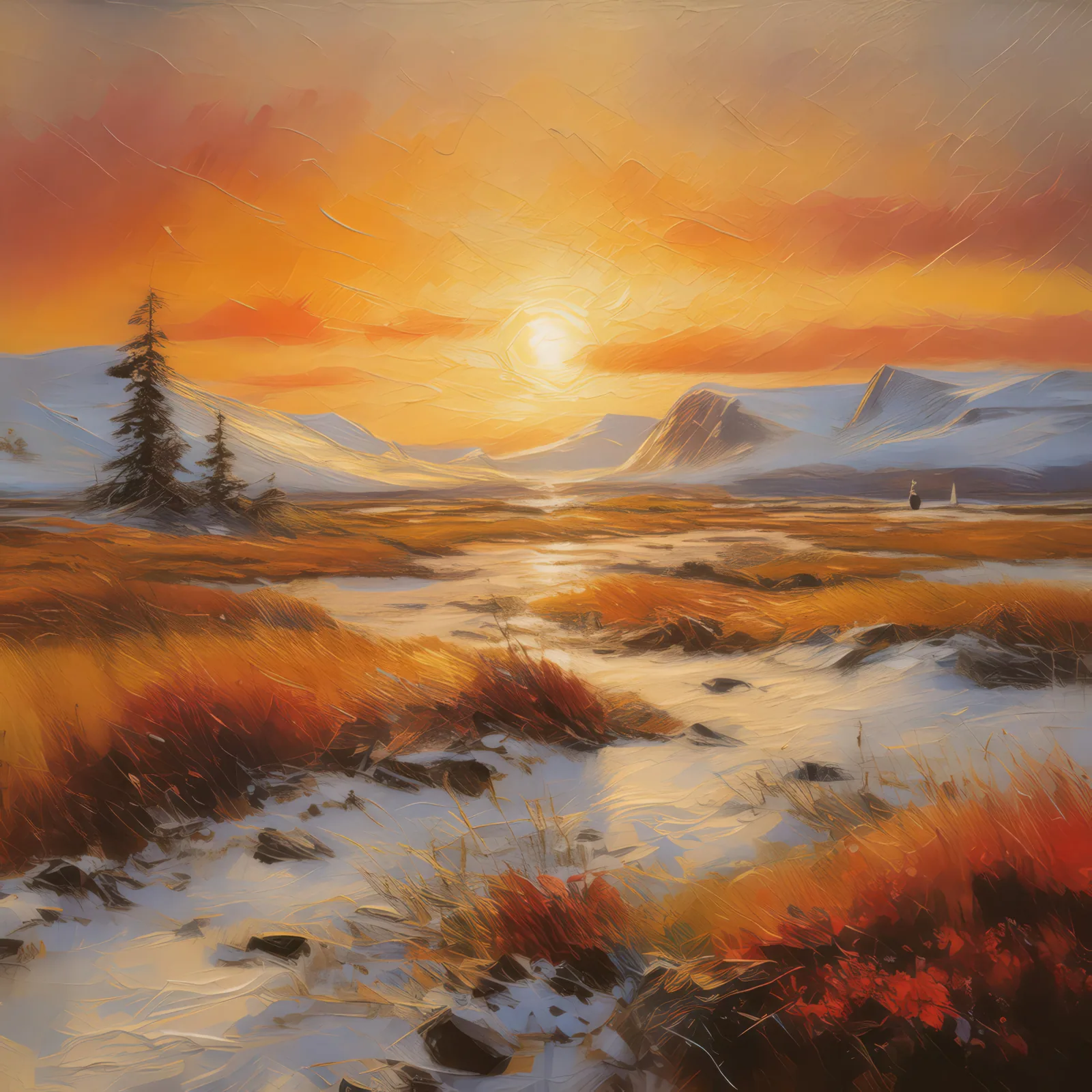 Sunset Over Arctic Tundra, a palette-knife oil landscape by Emma Mickelberg