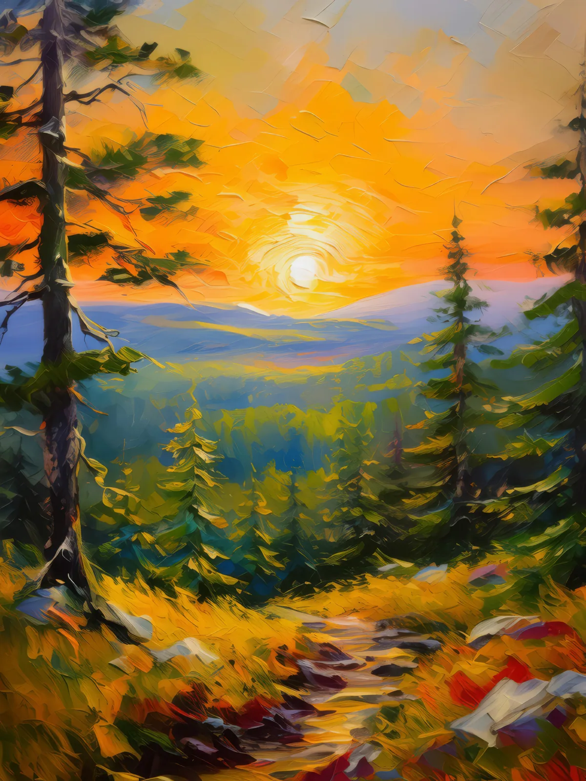 Sunset Over Boreal Hills, a palette-knife oil landscape by Emma Mickelberg