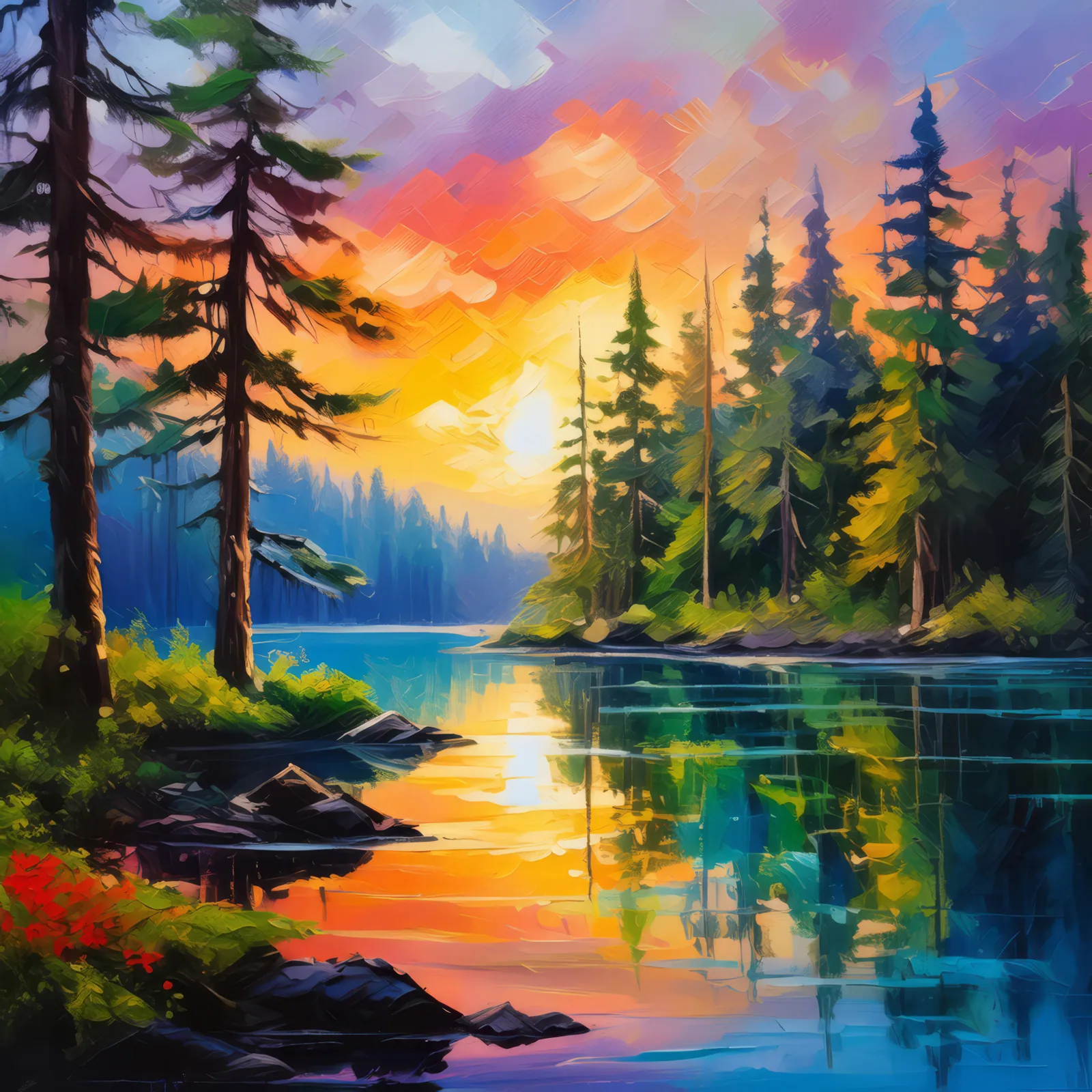 Sunset Over Boreal Lake, a palette-knife oil landscape by Emma Mickelberg