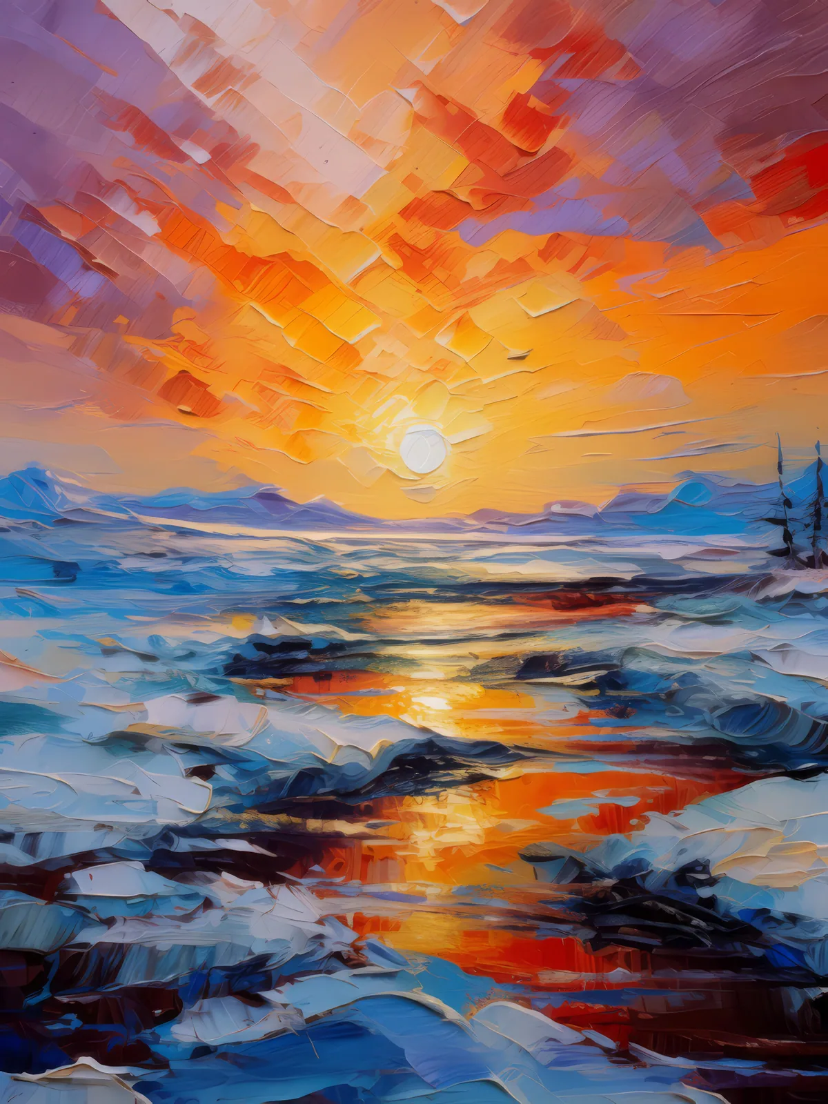 Sunset Over Boreal Landscape, a palette-knife oil landscape by Emma Mickelberg
