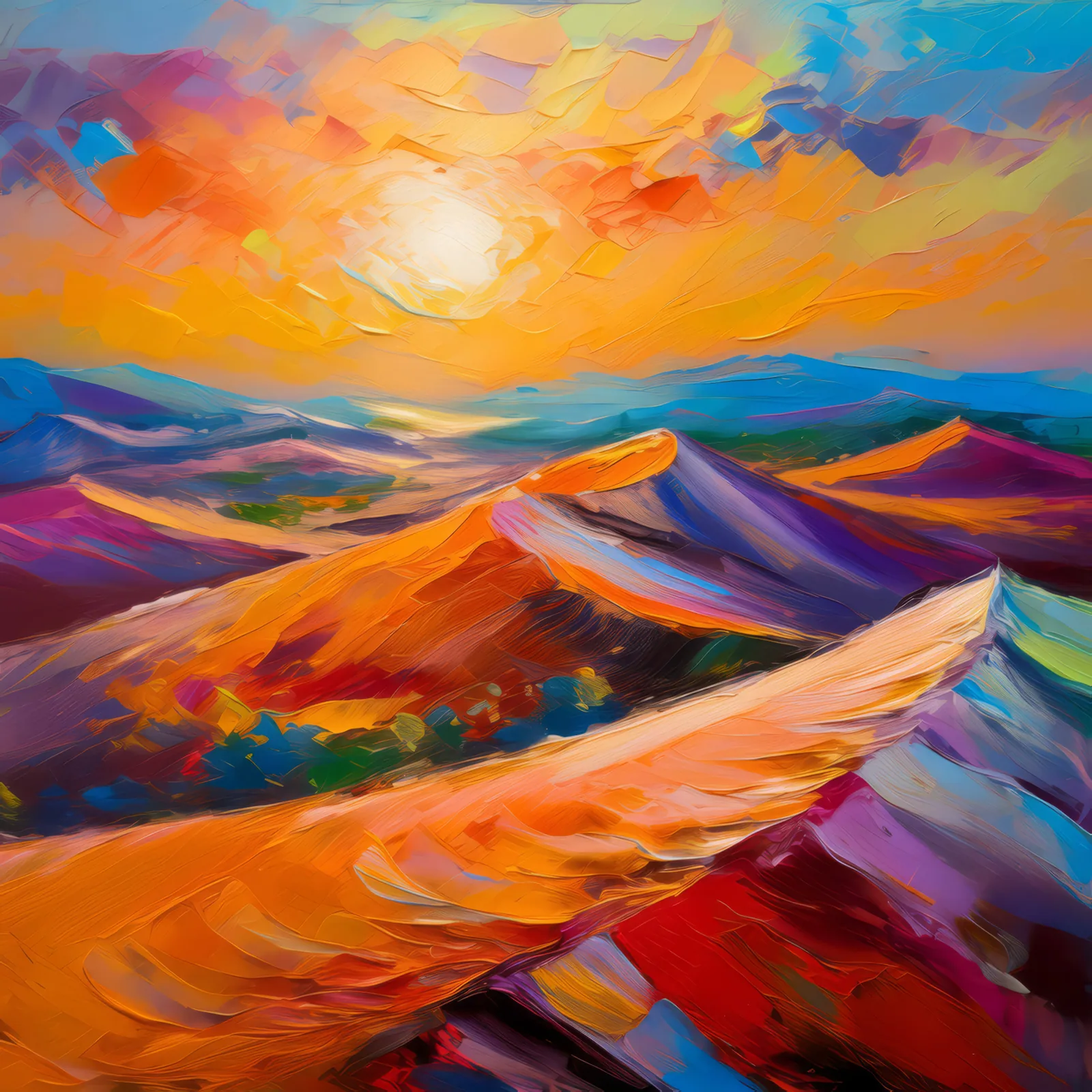 Sunset Over Dune Waves, a palette-knife oil landscape by Emma Mickelberg