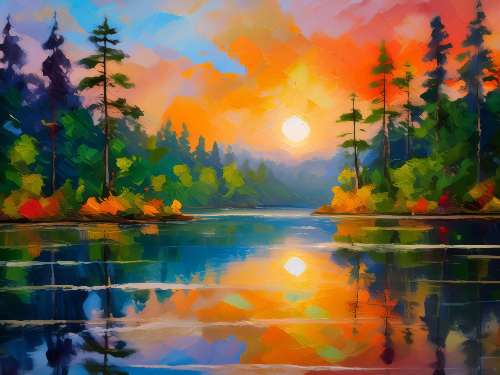 Sunset Over Forest Lake, a palette-knife oil landscape by Emma Mickelberg