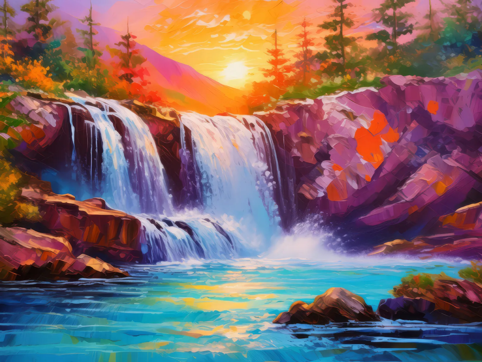 Sunset Over Forest Waterfall, a palette-knife oil landscape by Emma Mickelberg