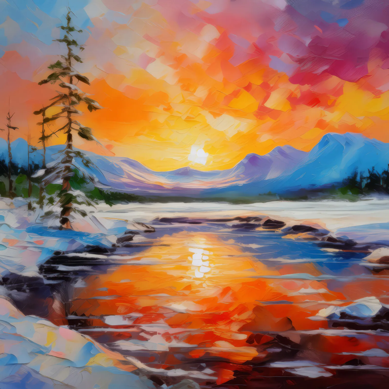 Sunset Over Frozen Lake, a palette-knife oil landscape by Emma Mickelberg
