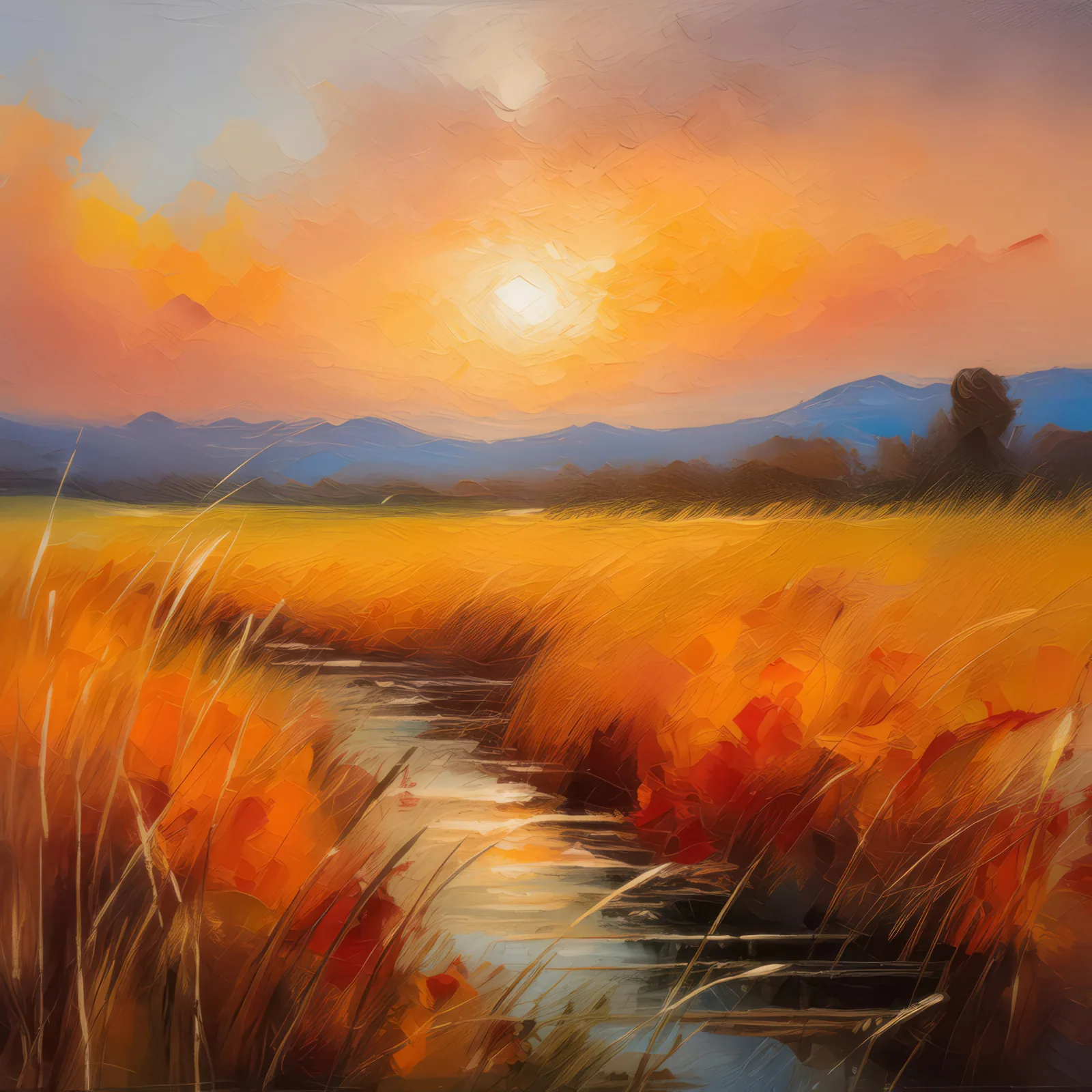 Sunset Over Grassland, a palette-knife oil landscape by Emma Mickelberg