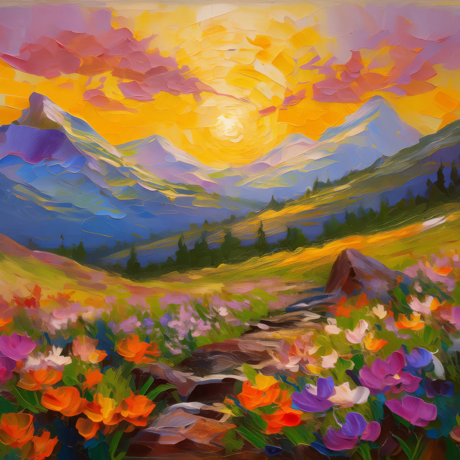Sunset Over Hills, a palette-knife oil landscape by Emma Mickelberg