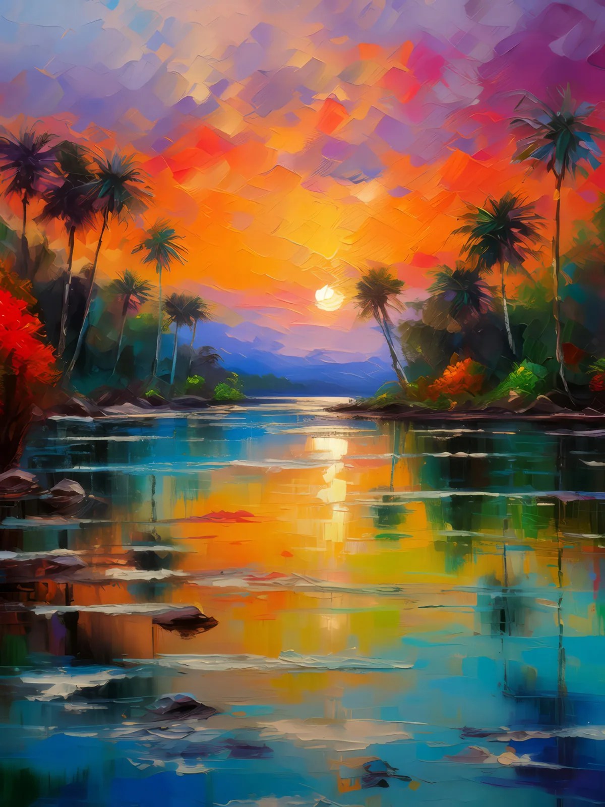 Sunset Over Lagoon, a palette-knife oil landscape by Emma Mickelberg