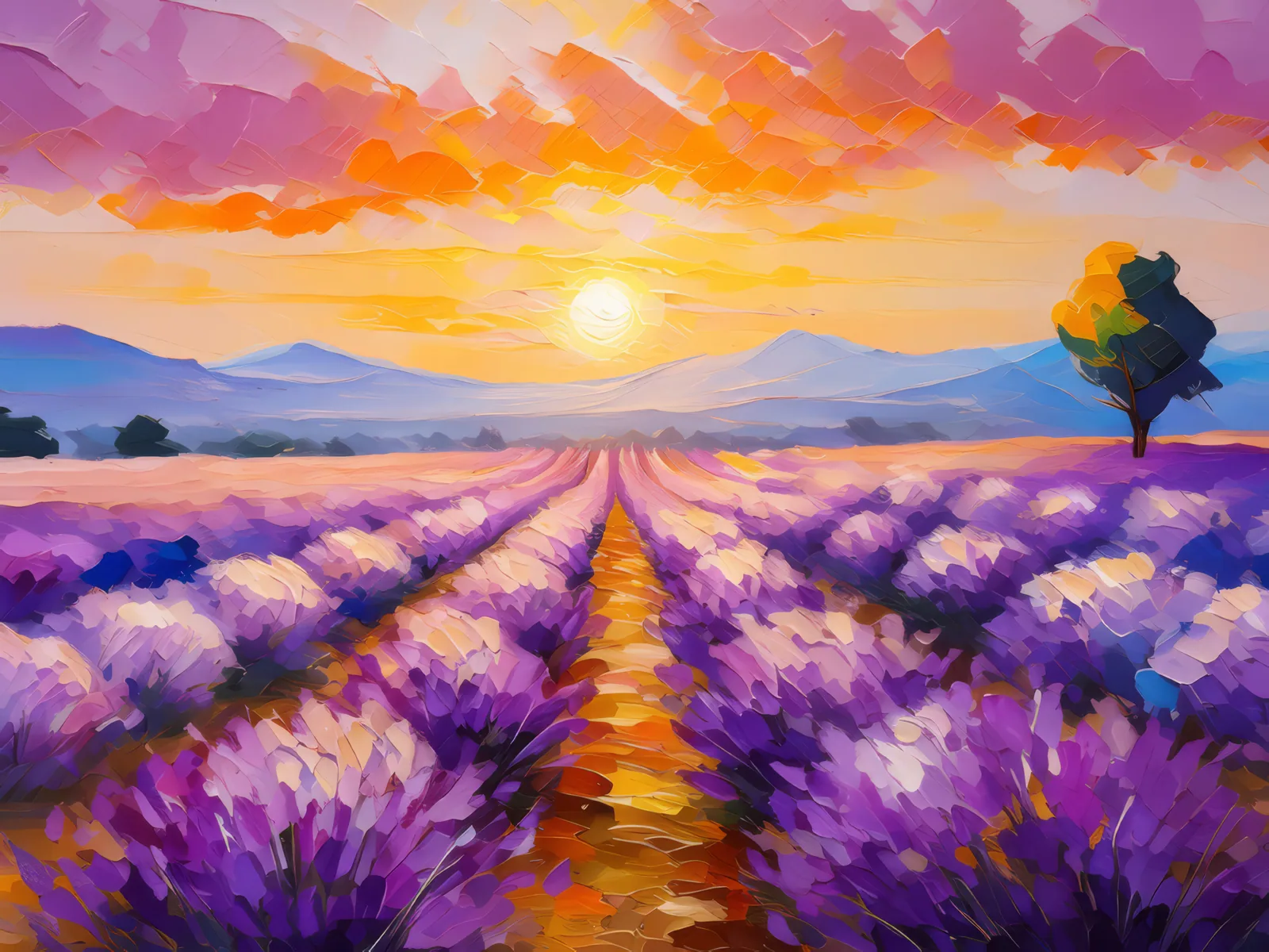 Sunset Over Lavender Fields, a palette-knife oil landscape by Emma Mickelberg