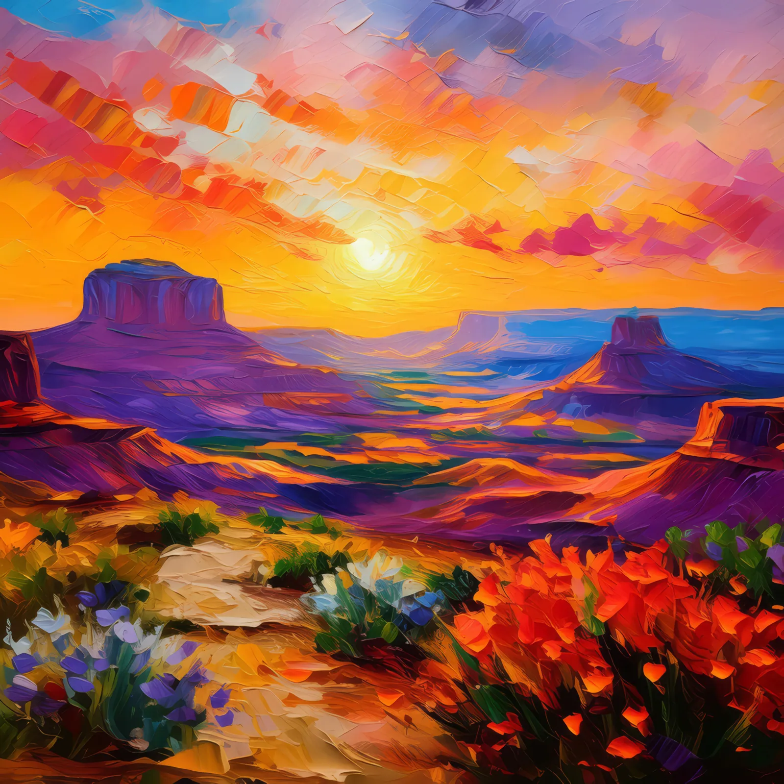Sunset Over Mesa, a palette-knife oil landscape by Emma Mickelberg