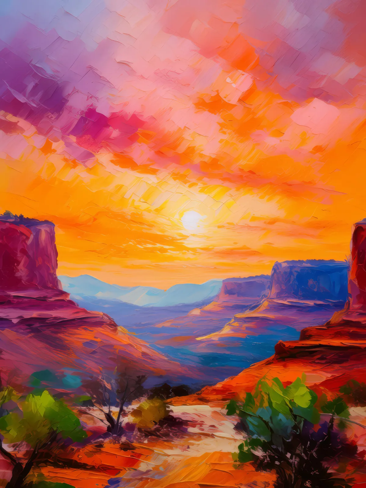 Sunset Over Red Mesa, a palette-knife oil landscape by Emma Mickelberg