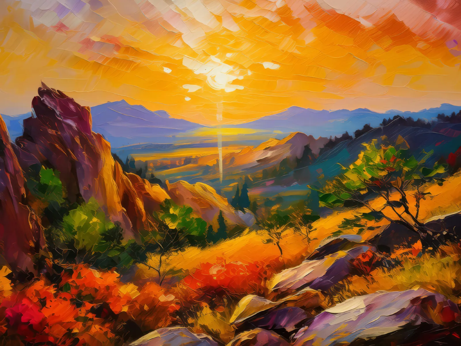 Sunset Over Rocky Hills, a palette-knife oil landscape by Emma Mickelberg