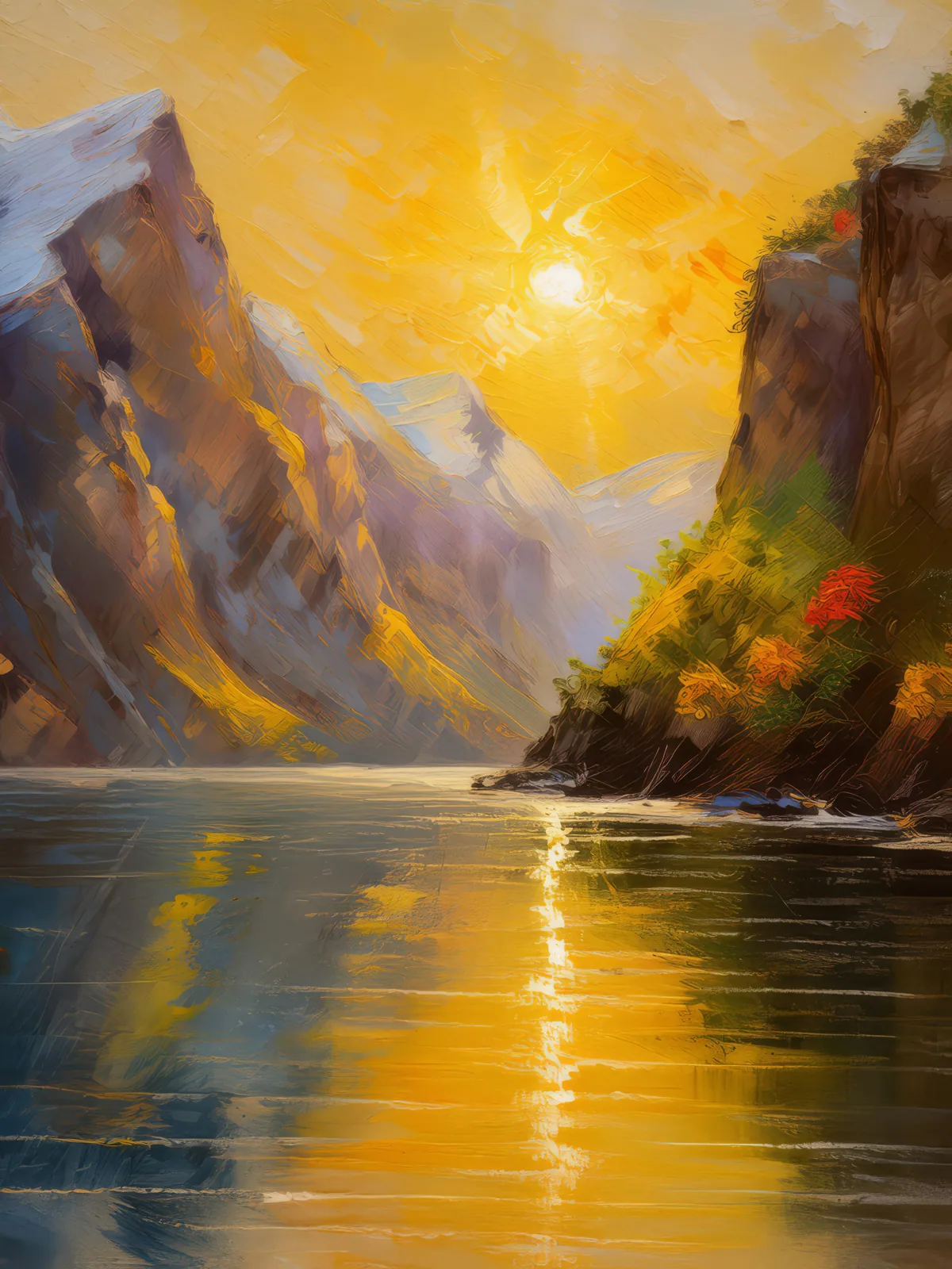 Sunset Over the Fjord, a palette-knife oil landscape by Emma Mickelberg
