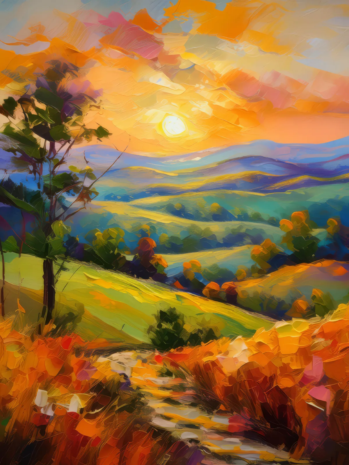 Sunset over the Rolling Hills, a palette-knife oil landscape by Emma Mickelberg