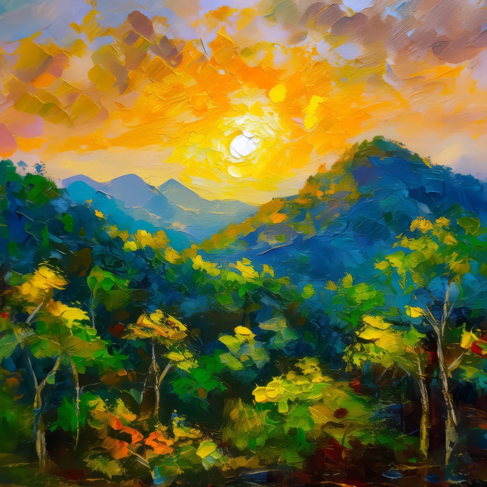 Sunset Over Tropical Peaks, a palette-knife oil landscape by Emma Mickelberg