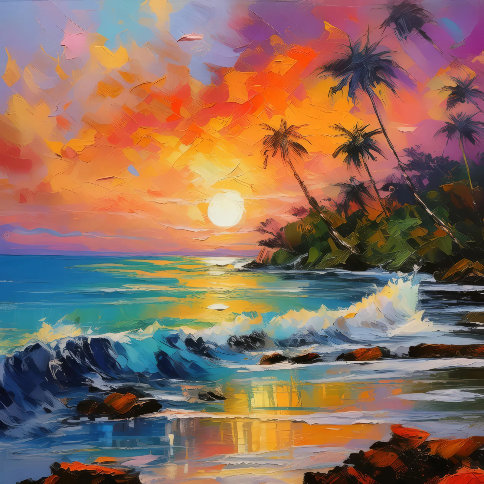 Sunset Over Tropical Sea, a palette-knife oil landscape by Emma Mickelberg